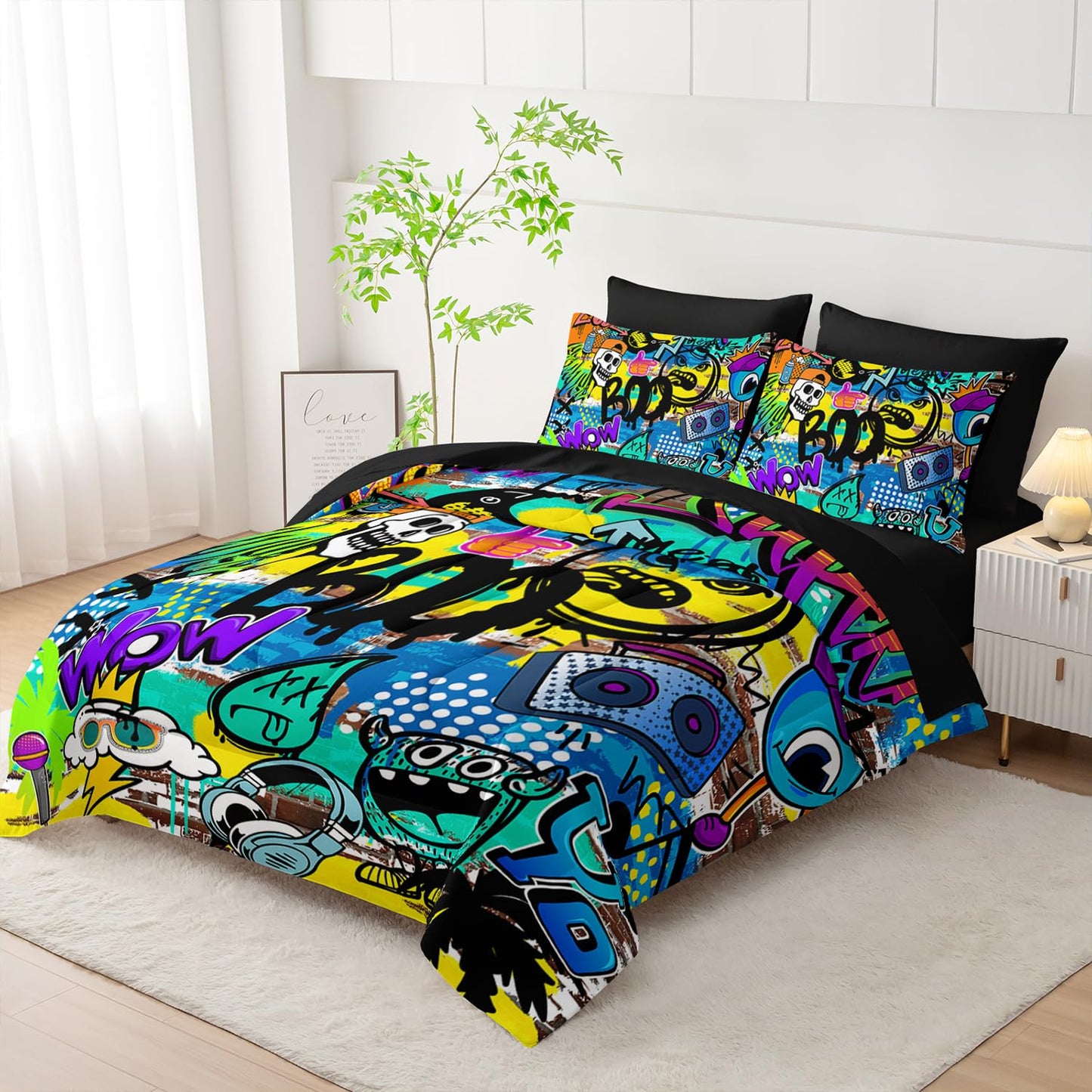 AILONEN Boys Kids Comforter Set Full,7-Piece Cartoon Hip Hop Skull Bed in a Bag Printed Bedding Set,Colorful Graffiti Soft Comforter & Fitted Sheet & Flat Sheet & 2 Pillowcases,2 Pillow Shams,Black