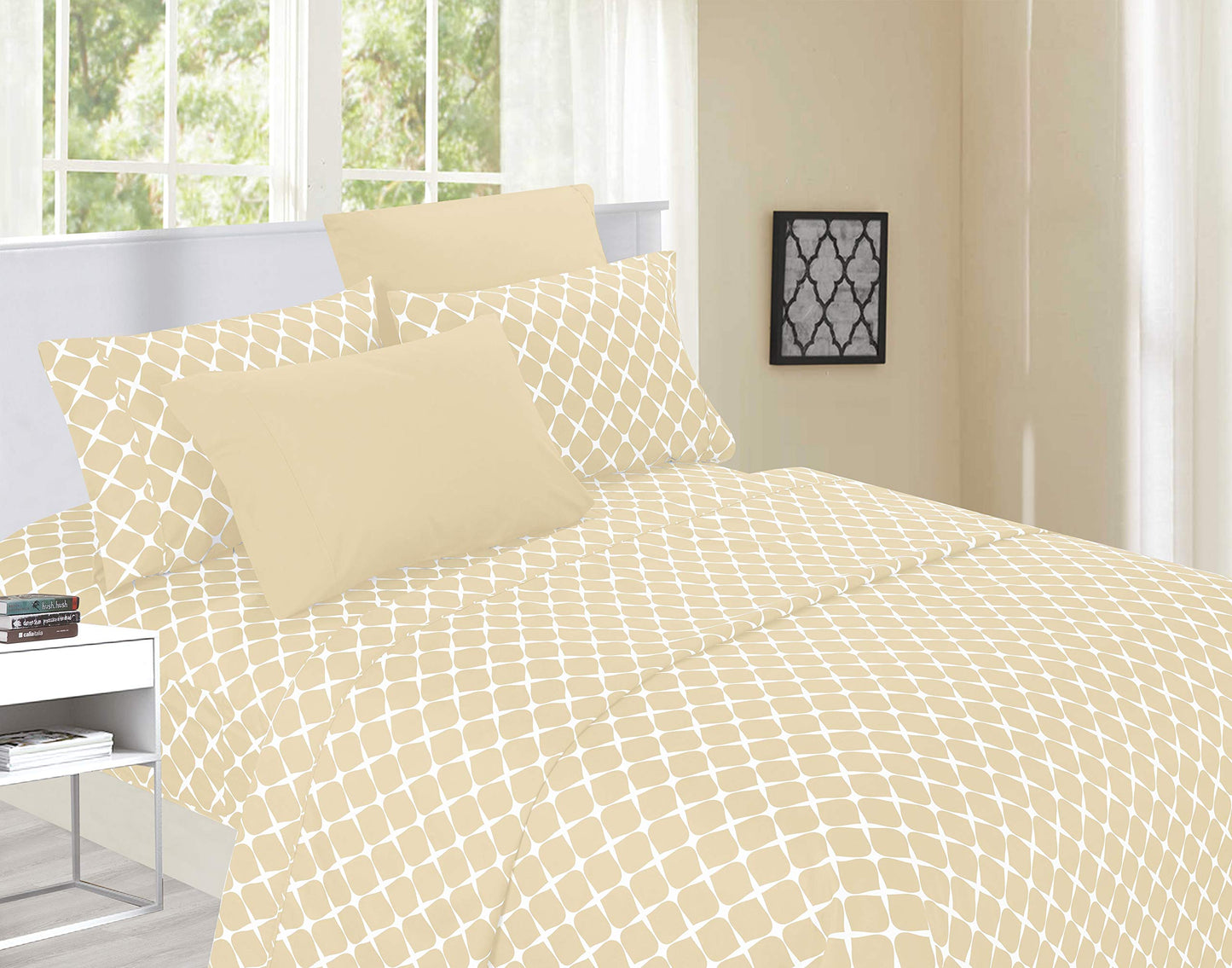 Elegant Comfort Luxury Softest and Coziest 6-Piece Bed Sheet Set, Wrinkle Resistant Milano Trellis Pattern-1500 Thread Count Egyptian Quality Microfiber Bedding Set, Queen, Cream