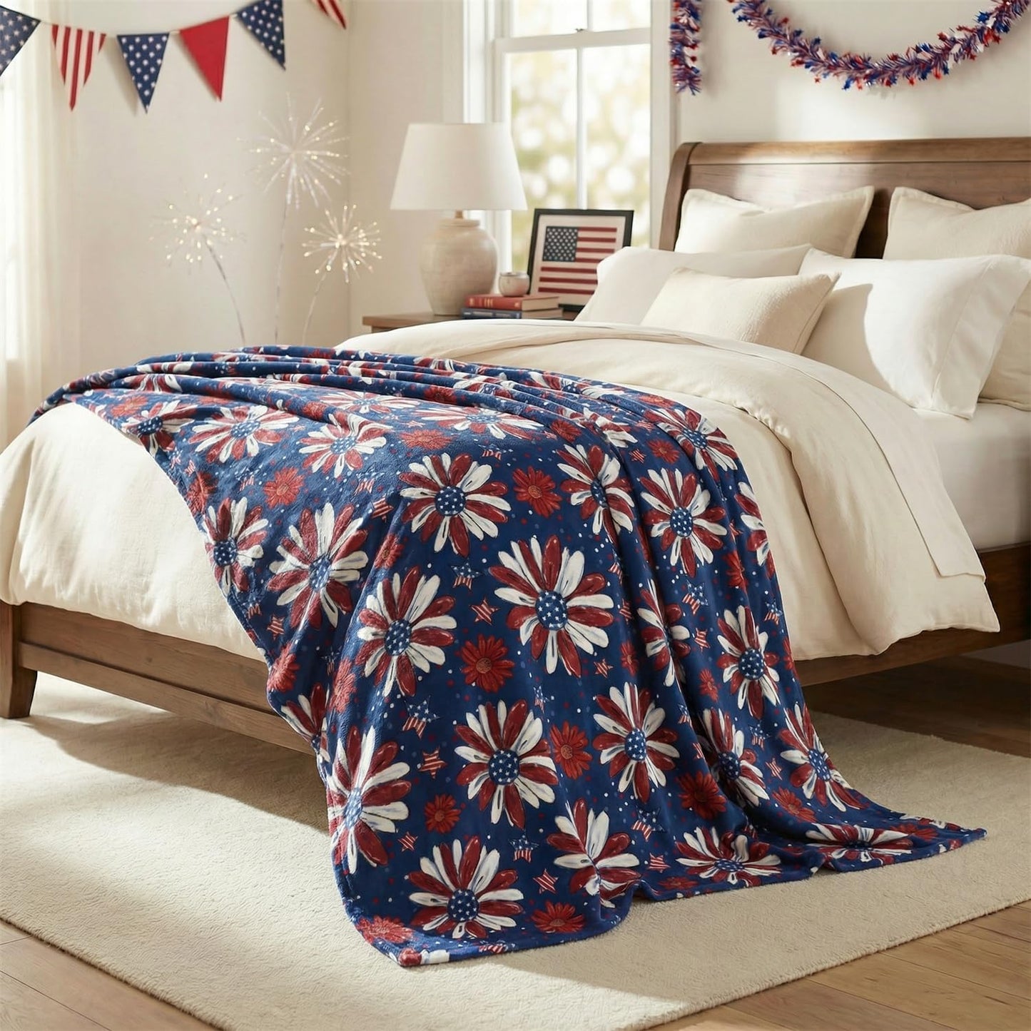 Horaldaily 4th of July Flannel Blanket Throw, Patriotic Memorial Day Print Flowers Independence Day Soft Fuzzy Plush Cozy Fleece Blankets for Couch Sofa Bed Decor, Ideal Gifts for Kids Adults 50x60