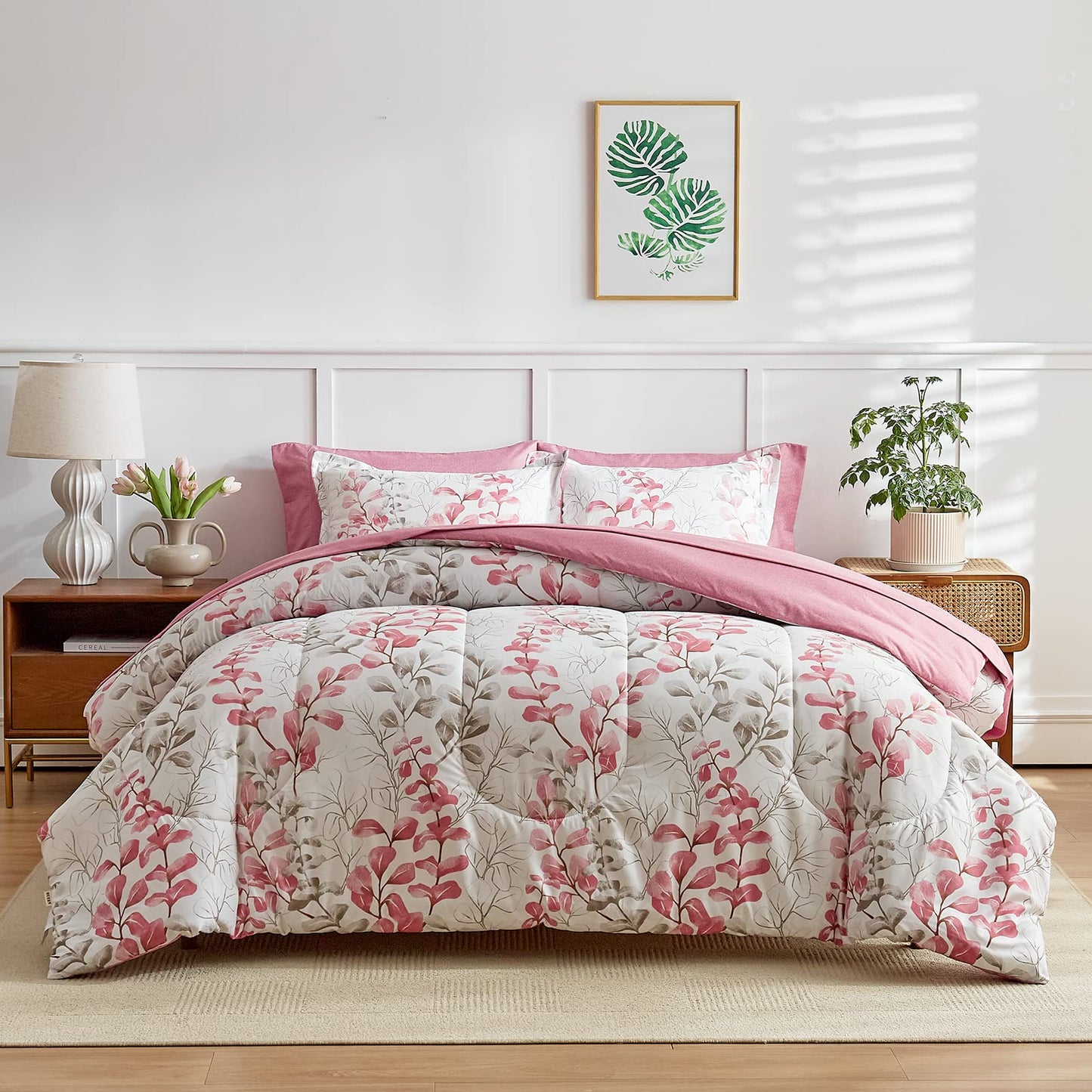 Pink Floral Comforter Sheet Set Bed in a Bag 7 Pieces Queen Size Pink Gray Flower Leaves Bedding Set (1 Comforter 2 Pillow Shams 1 Flat Sheet 1 Fitted Sheet 2 Pillowcases)