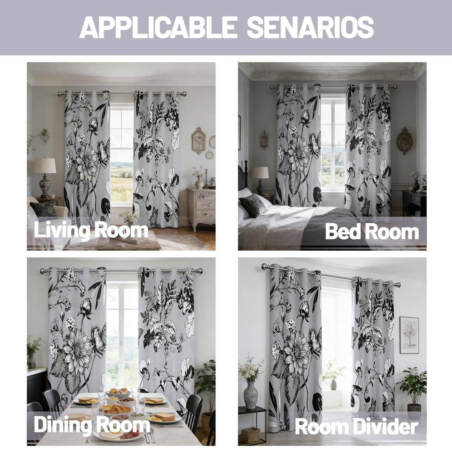 soeeao Light Grey Vintage Botanical Blackout Curtains Patterned Grey and White Floral Window Drapes for Bedroom Living Room, 84 inch Length 2 Panels Set, 52x84 inch
