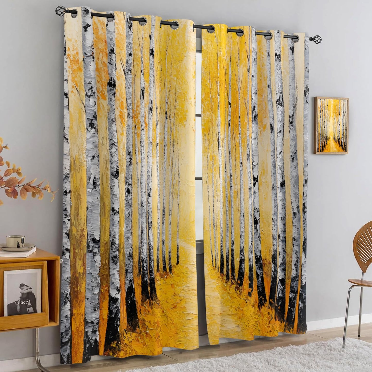 JAXIUOF Autumn Forest Blackout Curtains for Bedroom 84 Inch Long 2 Panels, Birch Trees Window Curtains, Forest 3D Printed Drapes, Grommet Top Window Treatments for Living Room Kitchen Decor