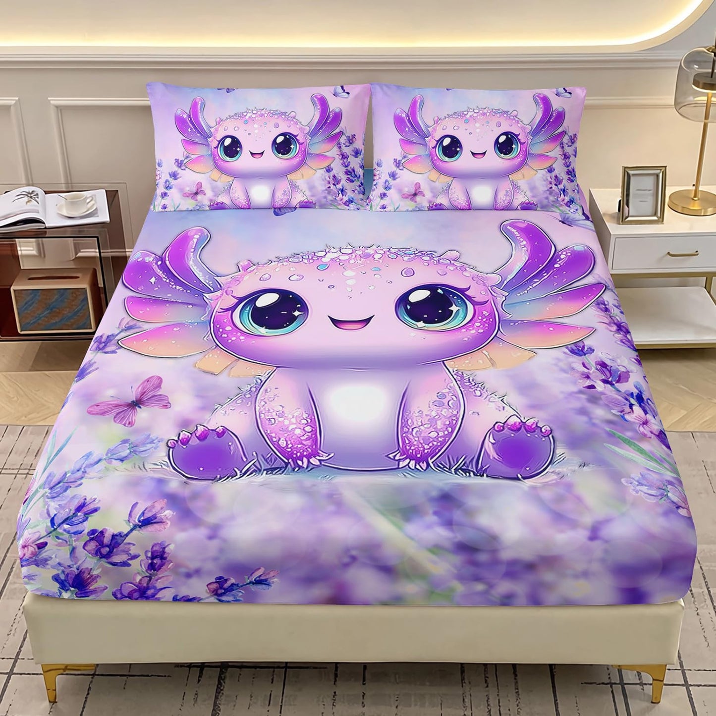 AILONEN Cartoon Axolotl Fitted Sheet Set Twin,Purple Axolotl Bed Sheet Set,Cute Lavender Butterfly Axolotl Bedding Sheet for Kids,Kawaii Ocean Animal Axolotl Fitted Sheet with 2 Pillowcases,3Pcs