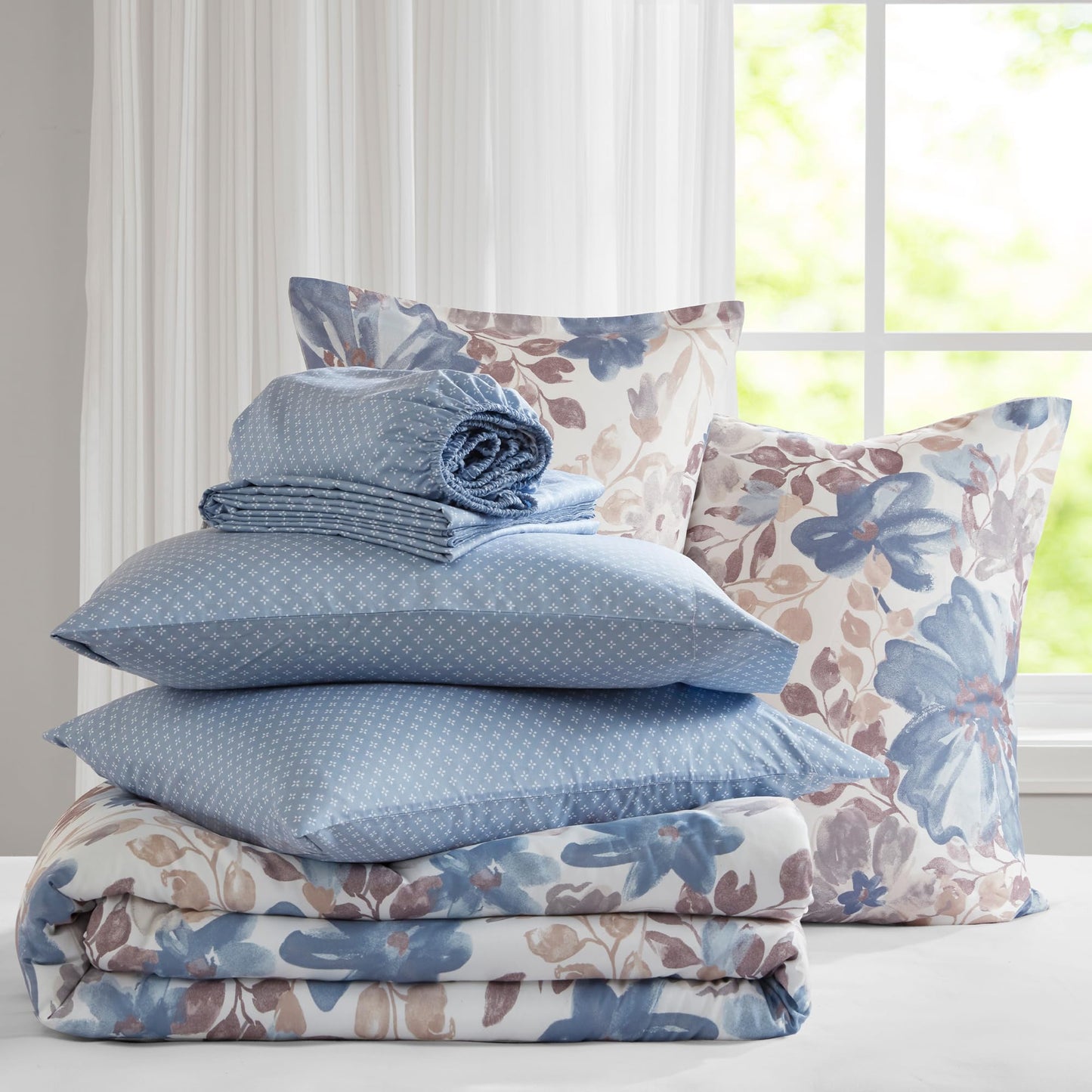 Madison Park Essentials Twin Comforter Set with Sheets, Floral Bed in A Bag Microfiber Comforter for Twin-Size Bed, Shabby Chic Twin Bedding Set Diamond Printed Sheet, Luna, Twin, Blue 5 Piece