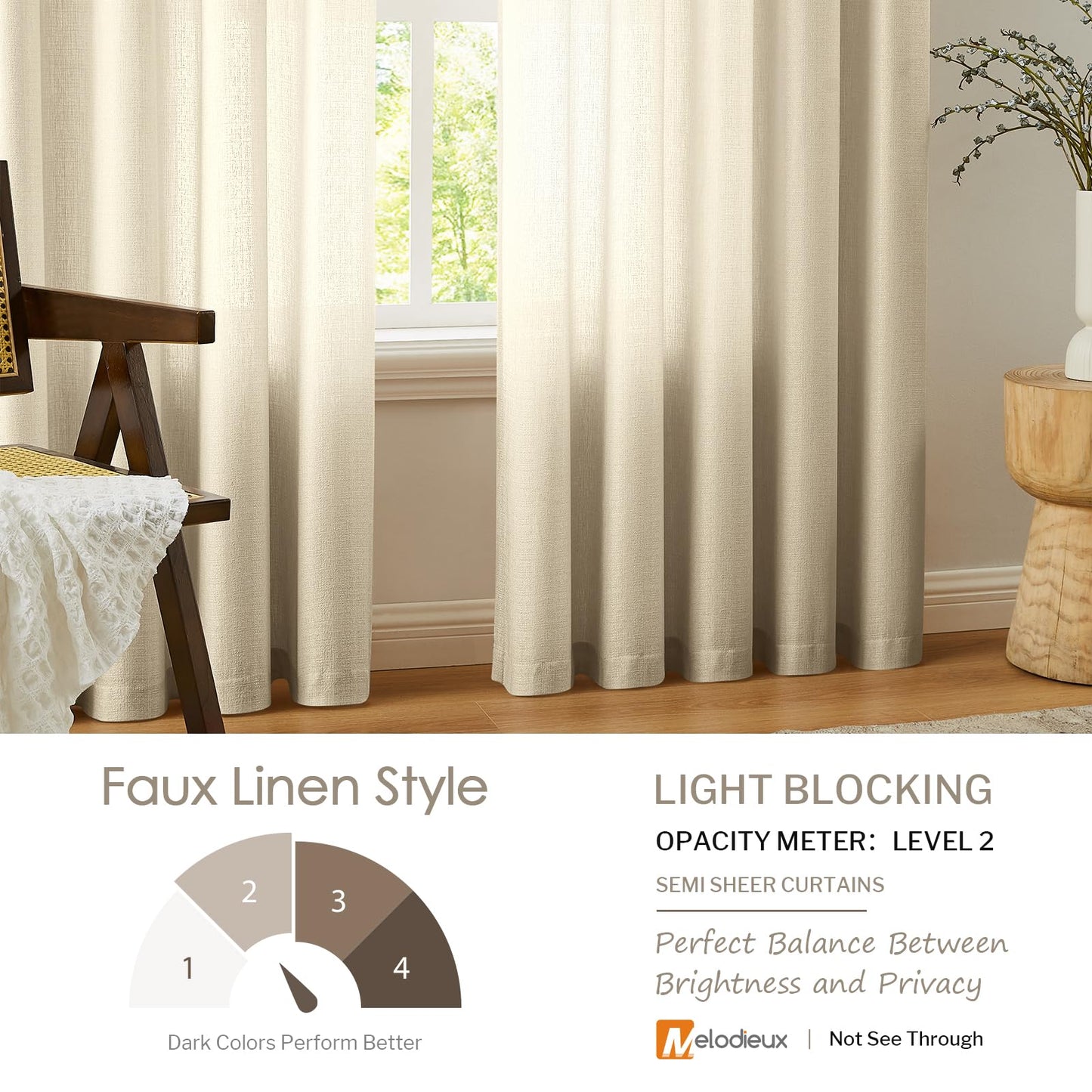 Melodieux Tan Semi Sheer Curtains 63 Inch Length for Living Room, Linen Rustic Bedroom Privacy Window Grommet Sheer Drapes, 52 by 63 Inch, 2 Panels