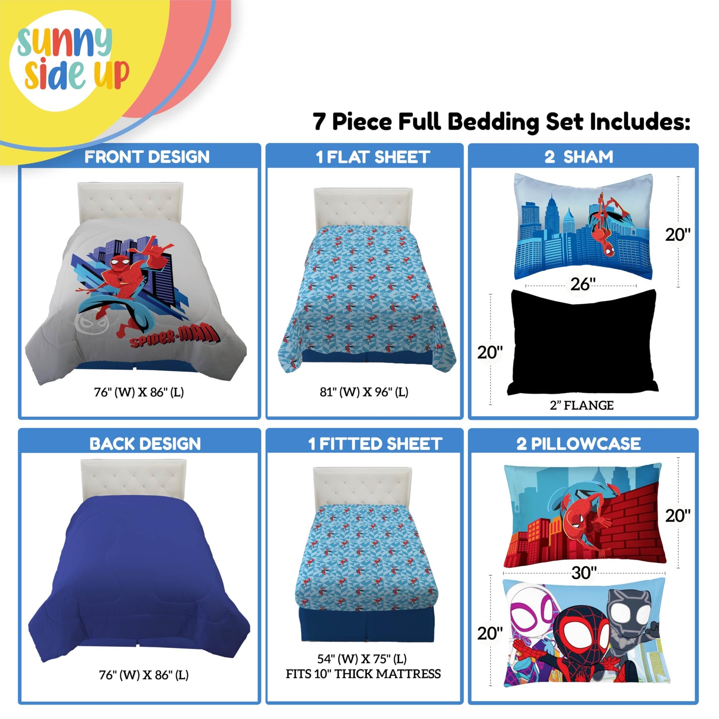 Sunny Side Up Kids Comforter Set Includes Sheets and Pillow Covers - Soft and Cozy Bed Set for Stylish Room Decor, Gray - Spiderman, 7 Piece Full Bedding