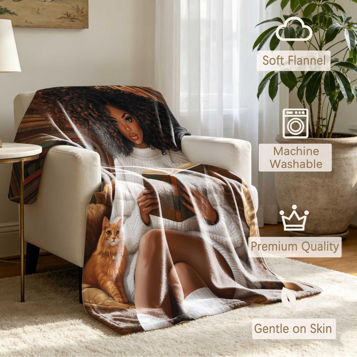 GXYAOYZG Black Woman Reading Blanket African American Throw Blanket Book Lover Throws Cozy Soft Flannel Black Girl Reader Blankets for Couch Sofa Bed Decor Librarian Gift (Reading - 2, 49" x 59")