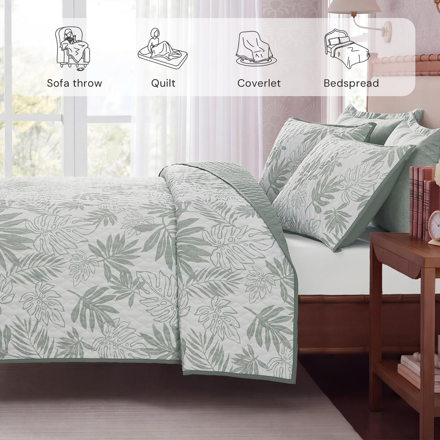 BLOOMHAVEN Quilt Set Queen Size, Storn Grey Tropical Quilt Sets, Reversible Bedspread Lightweight and Breathable for All Seasons, Soft Quilted Bedspread with 2 Pillow Shams