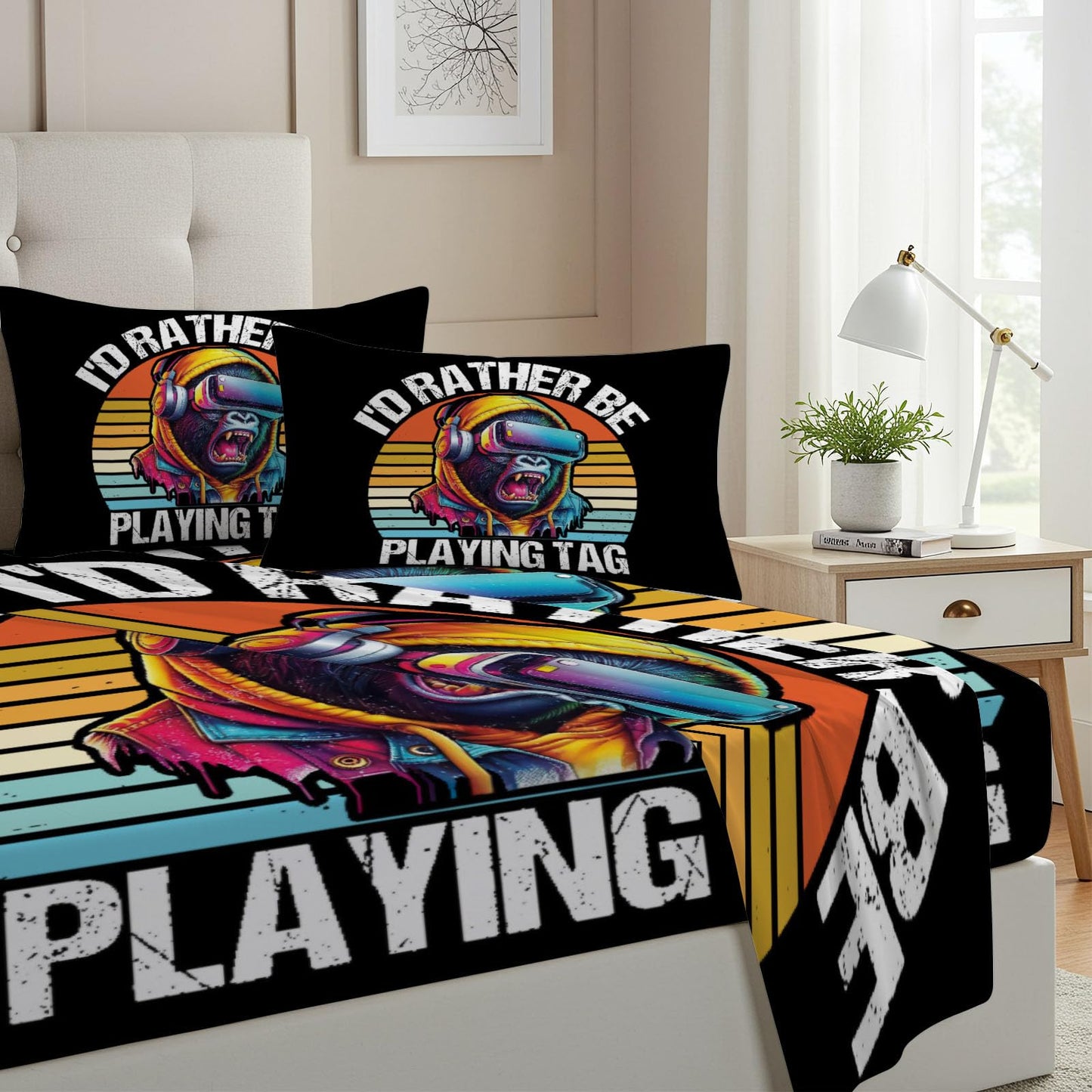 Allenjoy Twin Size Vr Gorilla Game Fitted Sheet Chasing Gorillas Bed Flat Sheets Bedding Set Deep Pockets Up to 16" Bedroom Decor with 1 Pillowcase SC00305-009