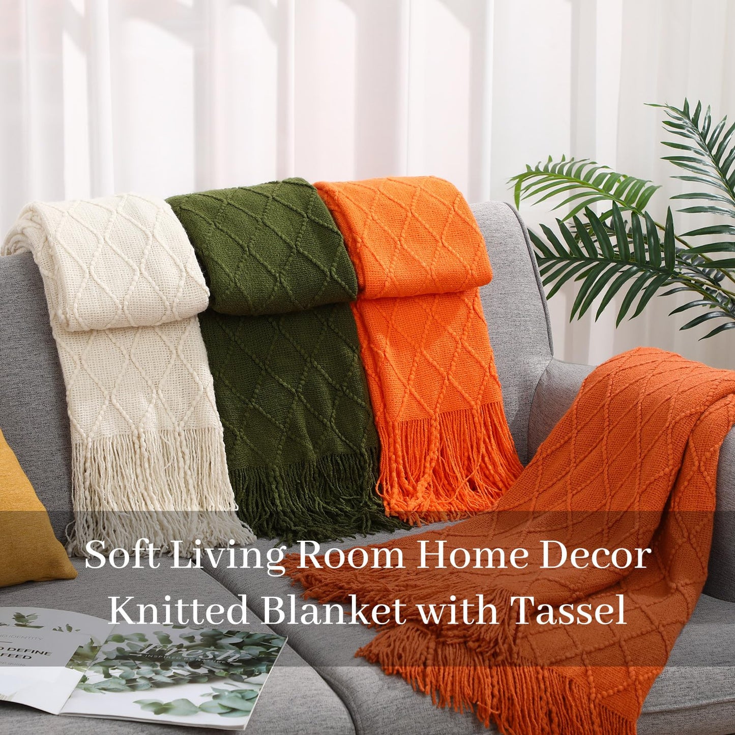 Drydiet 4 Packs Knitted Throw Blanket Soft Throw Blanket with Tassel for Bed and Couch 50" x 60" Decorative Throw Blanket King Knit Blanket for Living Room Home Farmhouse Bed Sofa Decor (Morandi)