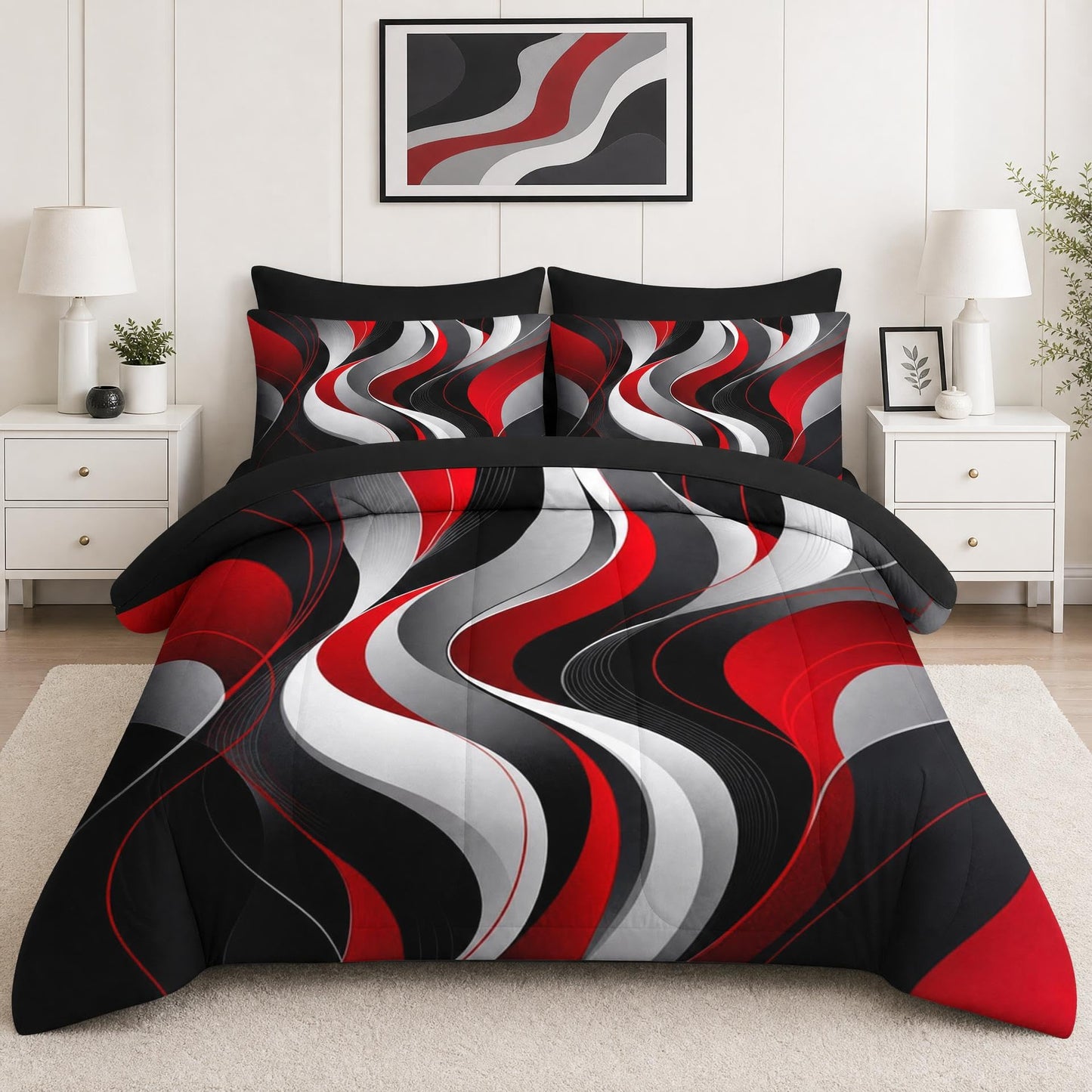 Boewywh Comforter Set Twin Size Abstract Modern Red 7 Pcs, Bedding for Kids and Adults, Black White Bed Sheet Sets with Fitted Sheet 2 Pillowcases & 2 Shams for Bedroom Bed Decor