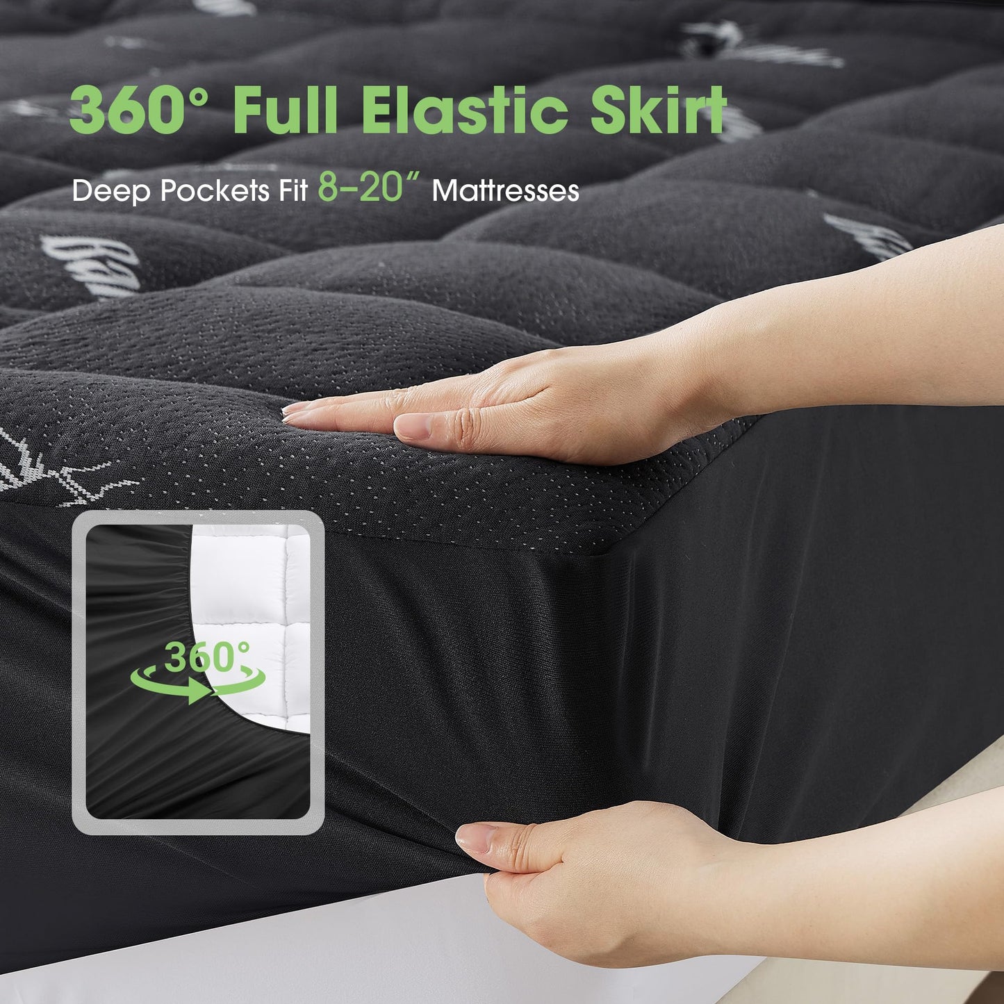 Mattress Pad Queen Size, Cooling Pillow Top Mattress Topper, Ultra Soft Viscose from Bamboo, Breathable for Hot Sleepers, Deep Pocket 8"-20", Black