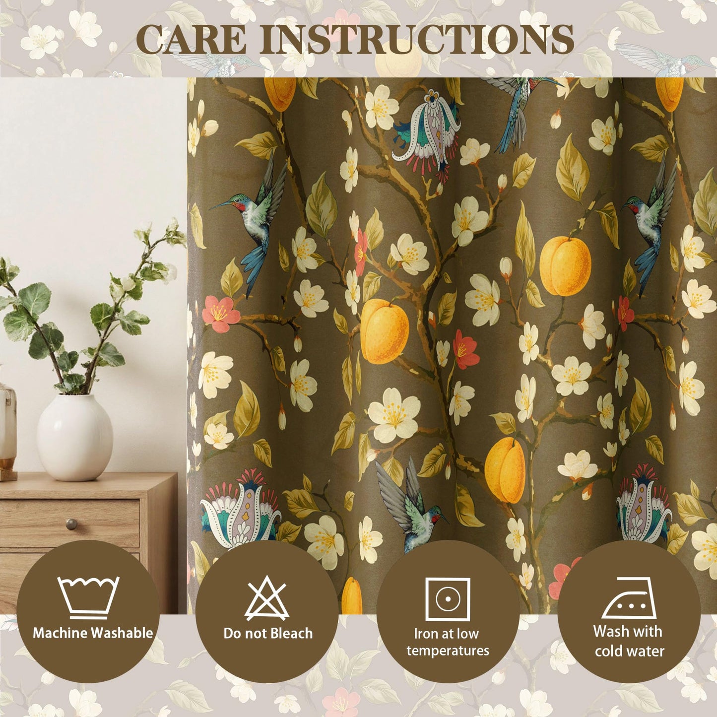 Floral Curtains 100% Blackout, Vintage Hummingbird Black Out Curtain 84 Inches Long, Patterned Thermal Insulated Window Drapes 2 Panels, Grommet Room Darkening Curtains for Living Room Bedroom, Brown