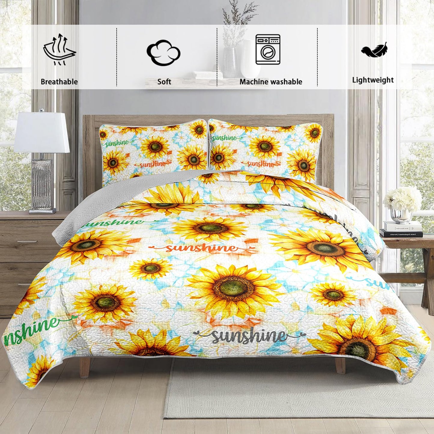 UEVBF Yellow Sunflower Quilt Set King Size 3 Pieces,Beautiful Floral Summer Bedding with 2 Pillowcases,Soft Lightweight Quilted Quilt Bedding Sets for Adults Women Men Bedroom Decor.
