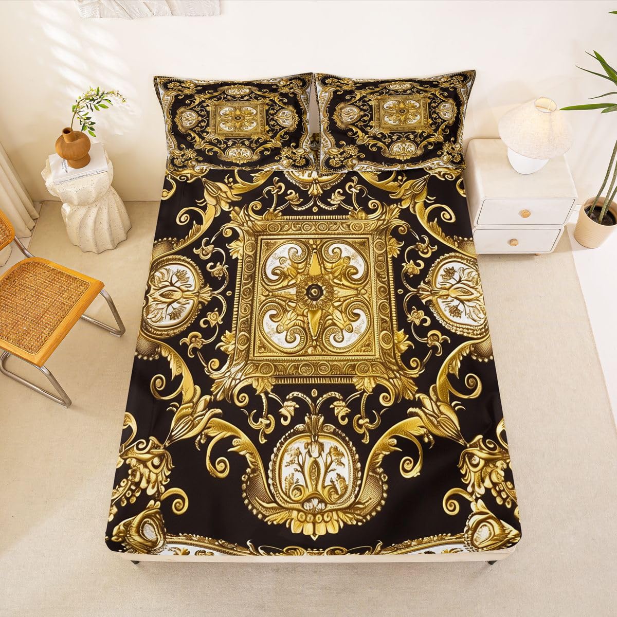 Erosebridal Golden Yellow Bed Sheets Set Full Geometric Flowers Sheet Set Bohemian Exotic Sheets European Floral Print Flat Fitted Sheet