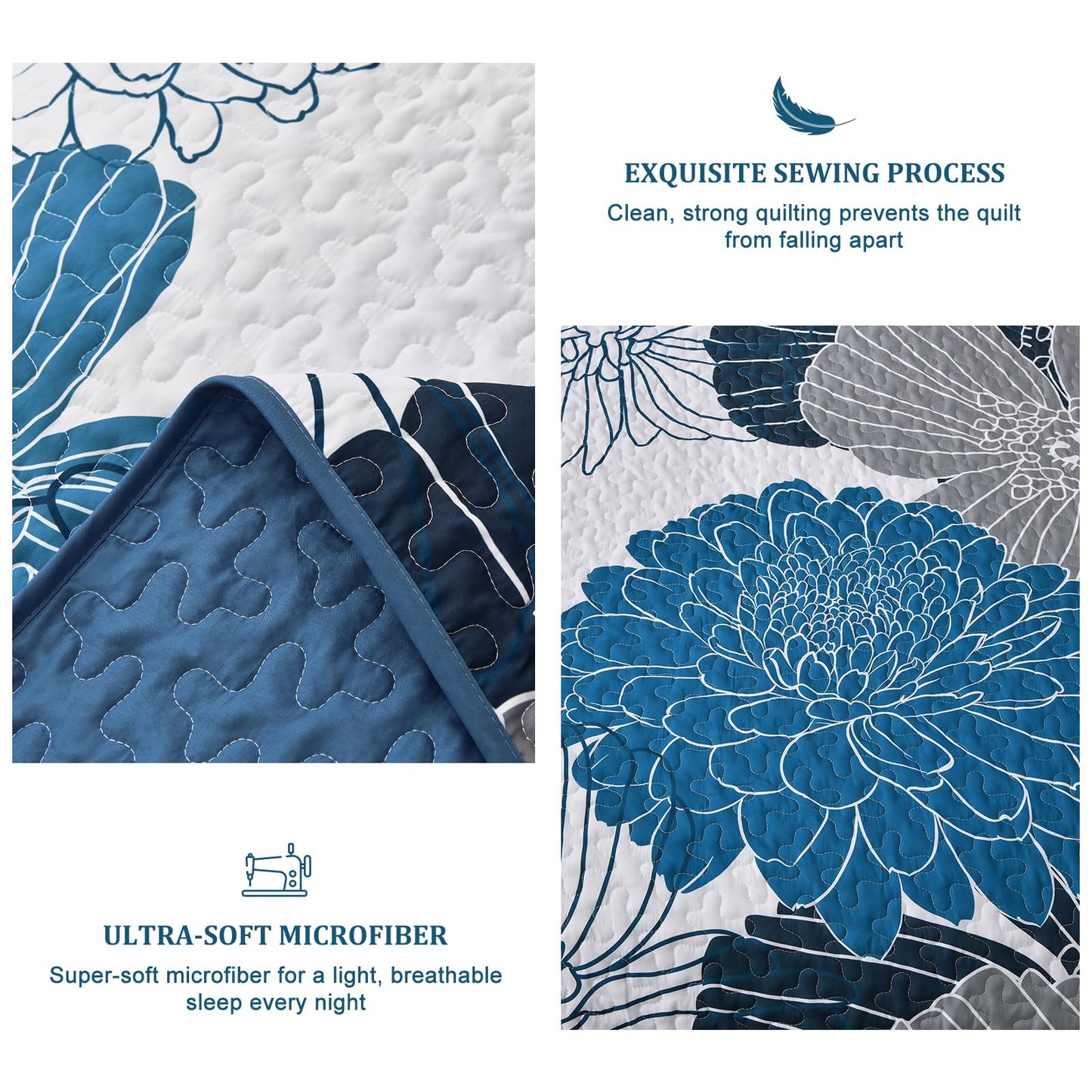 Queen Quilt Sets Blue Floral Pattern Quilt Bedding Set, 3 Pieces Botanical Quilt Bedspread Coverlet Set Soft Microfiber Bed Coverlet Bedding Set for All Season(96" x 90)