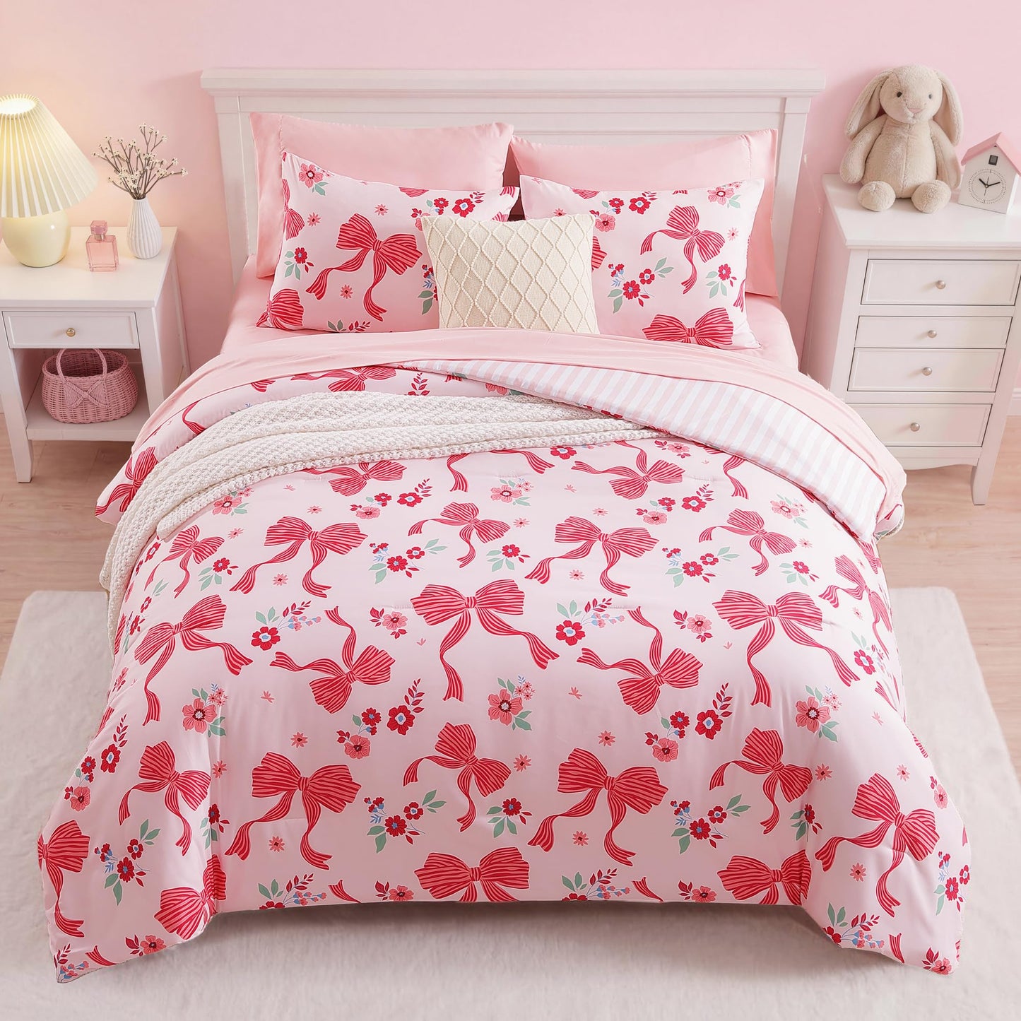 AMBERSPACE Twin XL Comforter Set for Girls, Pink Bow Bedding Set with Cute Floral, All Season Kids Dorm Bed in a Bag 5 Pieces with Sheets, Pillowcase & Sham