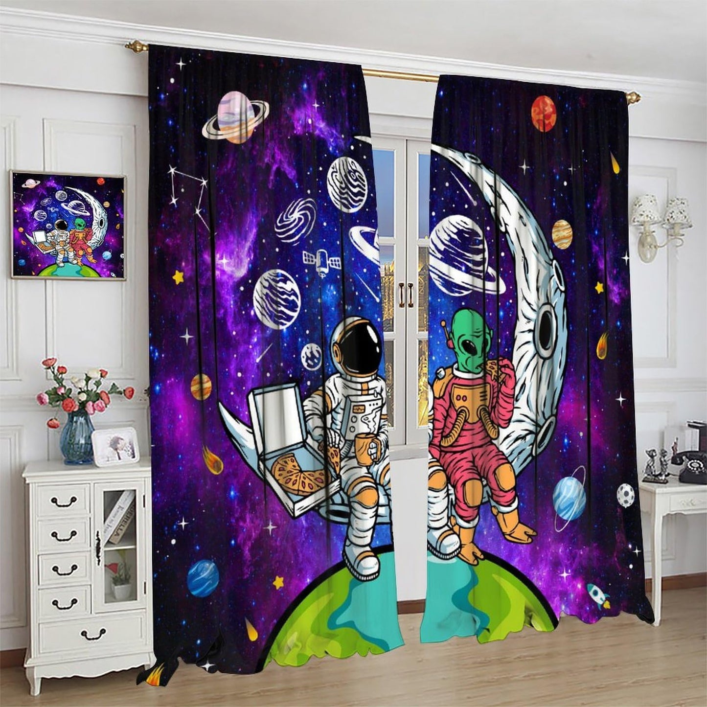 AAVEUP Universe Astronaut Blackout Curtains for Kids,Galaxy Space Planet Astronaut Alien Purple Outer Space Nebula Funny Meteor Earth Window Treatments for Boys Nursery Bedroom Living Room 63x72inch