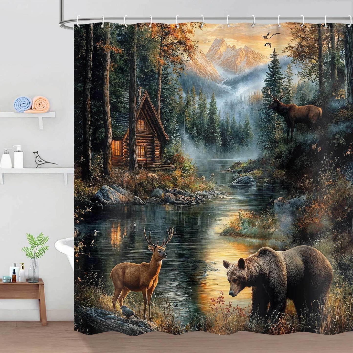Dizifinn Rustic Shower Curain, Country Cabin Woodland Bear Moose Deer Bathroom Accessories, Farmhouse Hunting Camp Fabric Shower Curtains for Bathroom Decor, with Hooks 72x72 Inch
