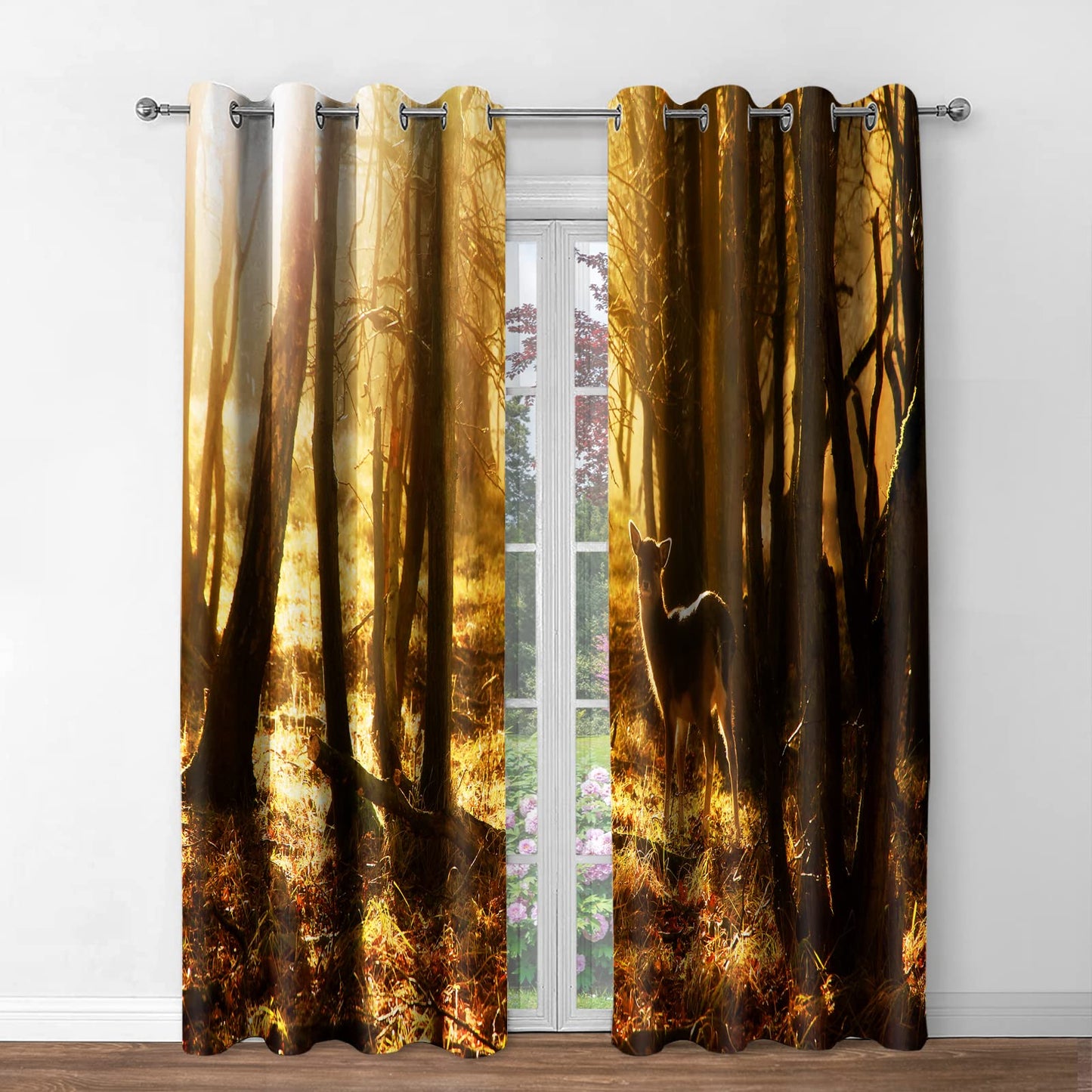 Jekeno Sunset Forest Blackout Curtains - Jungle Deer Animals Nature Landscape Sundown Scenery Print Tree Decor for Bedroom Living Room Grommet Window Drapes 2 Panel Set,52"x84"