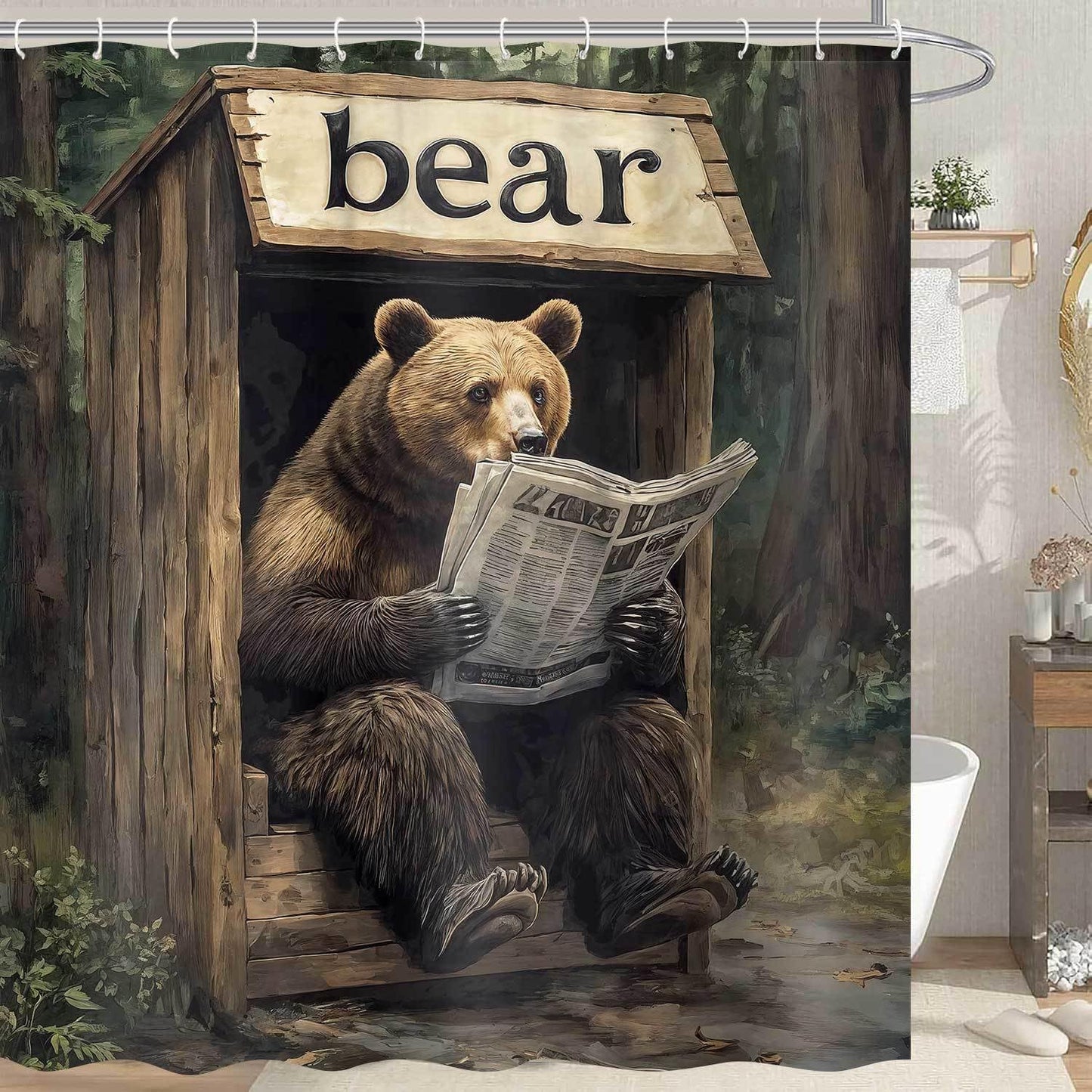 Dizifinn Rustic Bear Shower Curain, Country Cabin Woodland Bear Bathroom Accessories, Farmhouse Hunting Camp Fabric Shower Curtains for Bathroom Decor, with Hooks 72x72 Inch