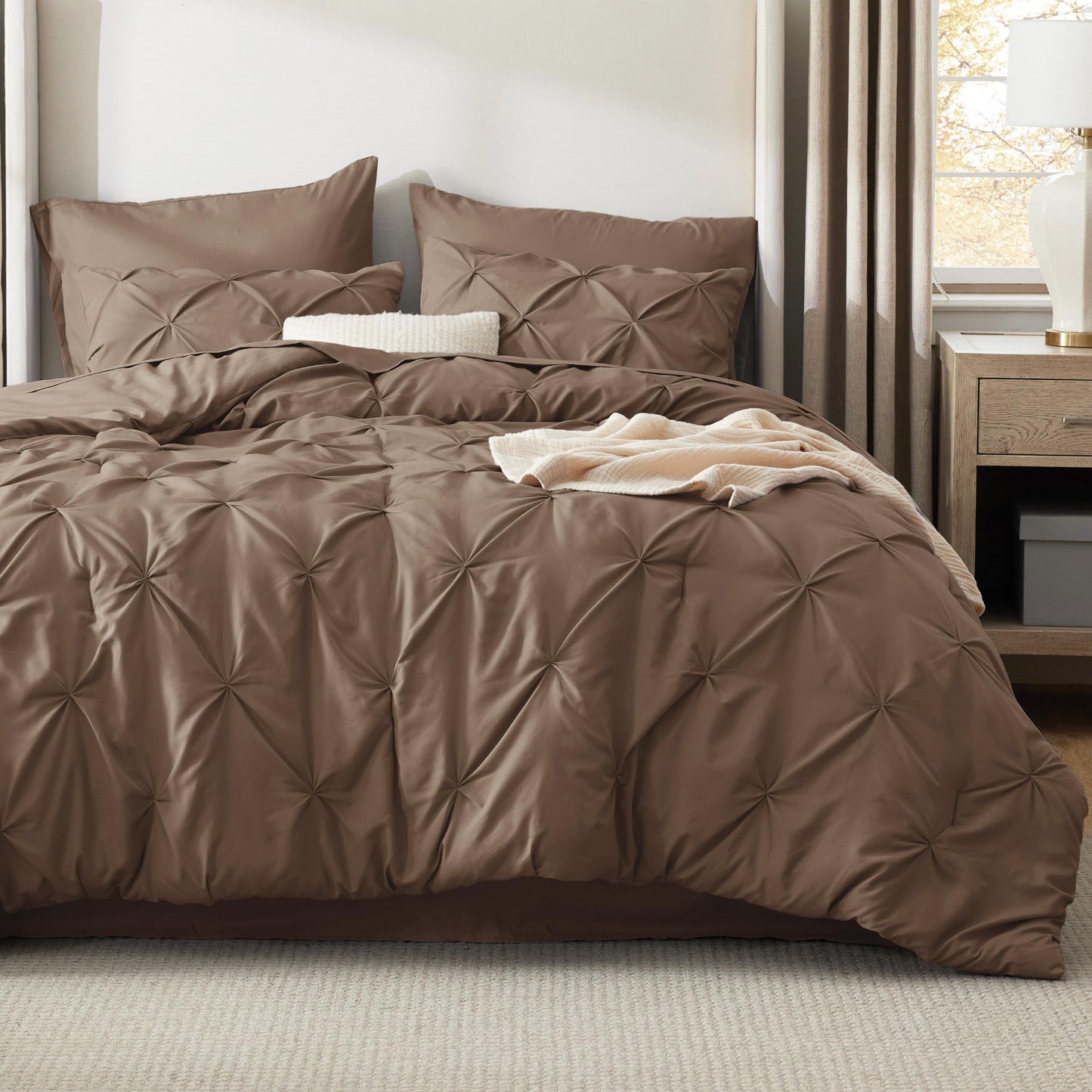 Bedsure Queen Comforter Set Brown - Bed in a Bag Queen Size Bedding 7 Pieces, GentleSoft™ Pintuck Bed Set Gift for Family, All Season Down Alternative Comforter with Sheets, Pillowcases & Shams