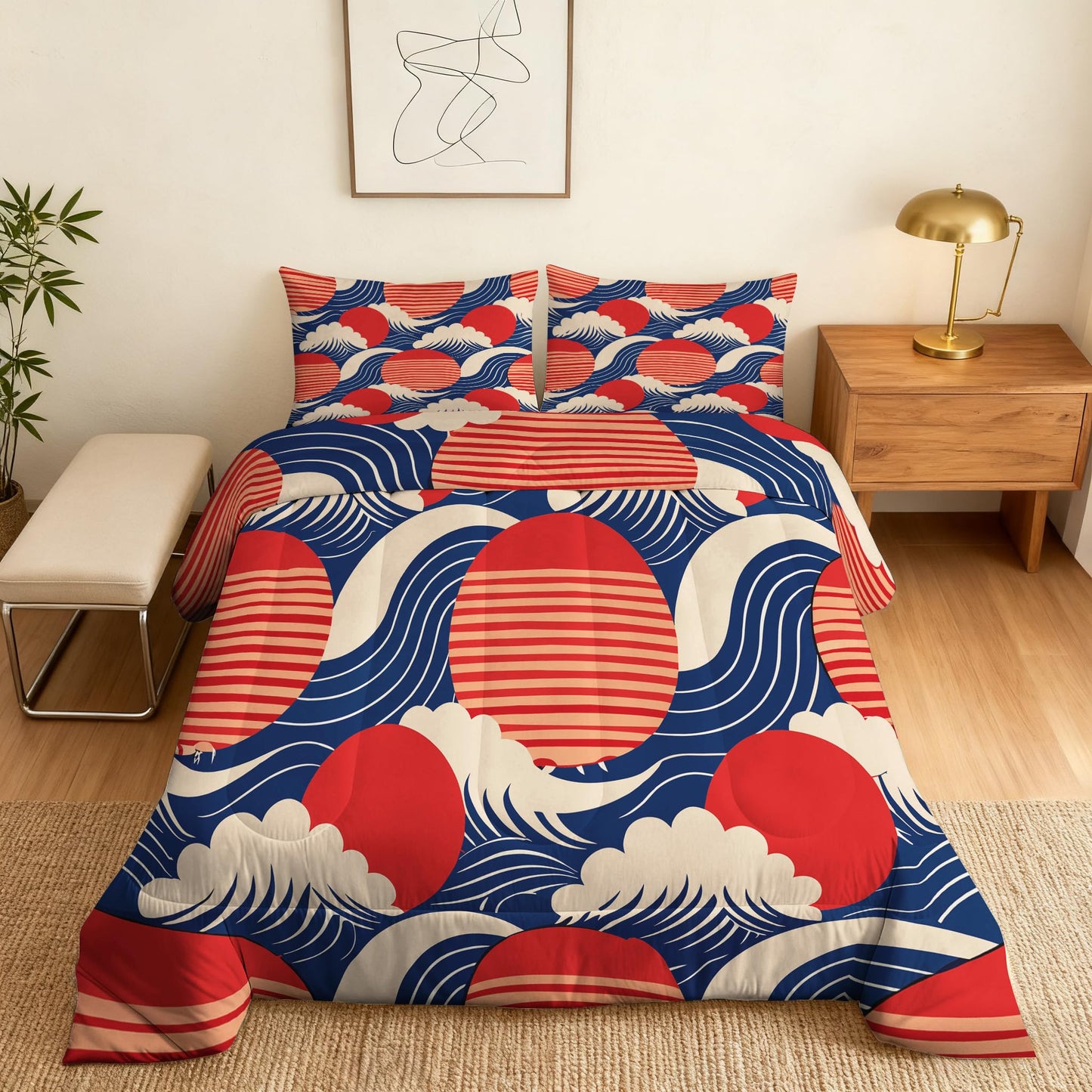 ZDABAOEC Japanese Wave Twin Comforter Set 2 Piece, 1 Pillow Sham, Asian Oriental Japan Style Reversible Down Alternative All Season Bedding, Soft Microfiber, Japanese Wave Bedroom Decor