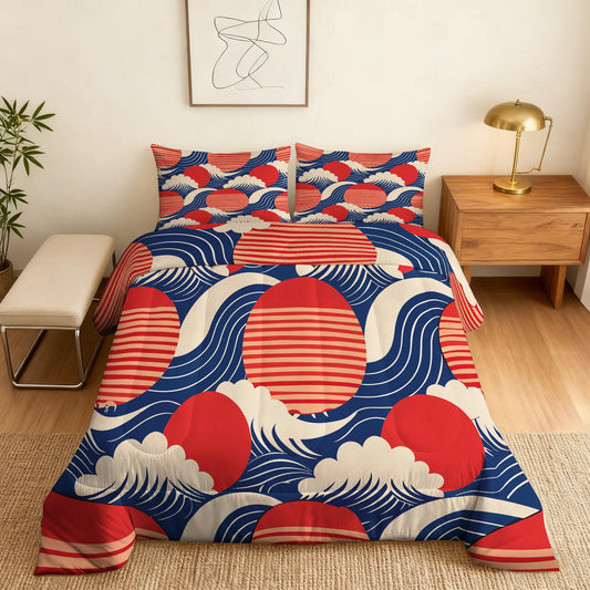 ZDABAOEC Japanese Wave Twin Comforter Set 2 Piece, 1 Pillow Sham, Asian Oriental Japan Style Reversible Down Alternative All Season Bedding, Soft Microfiber, Japanese Wave Bedroom Decor