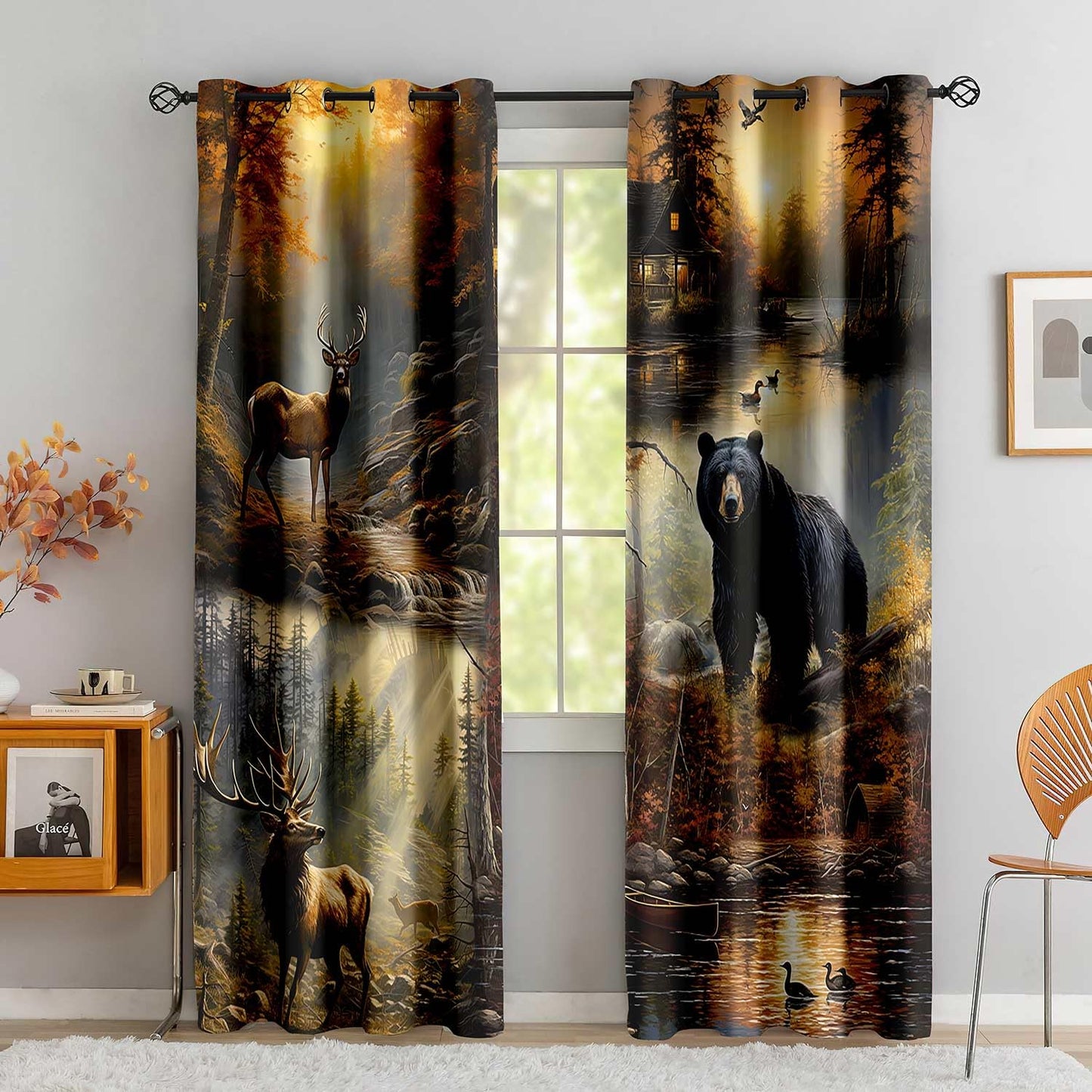 LUVIVIHOME Rustic Cabin Blackout Curtains, Deer Moose Black Bear Curtains for Bedroom, Forest Animal Wildlife Mallard Duck Country Farmhouse Hunting Room Decor Window Curtains 2 Panel Sets, 52x84 Inch