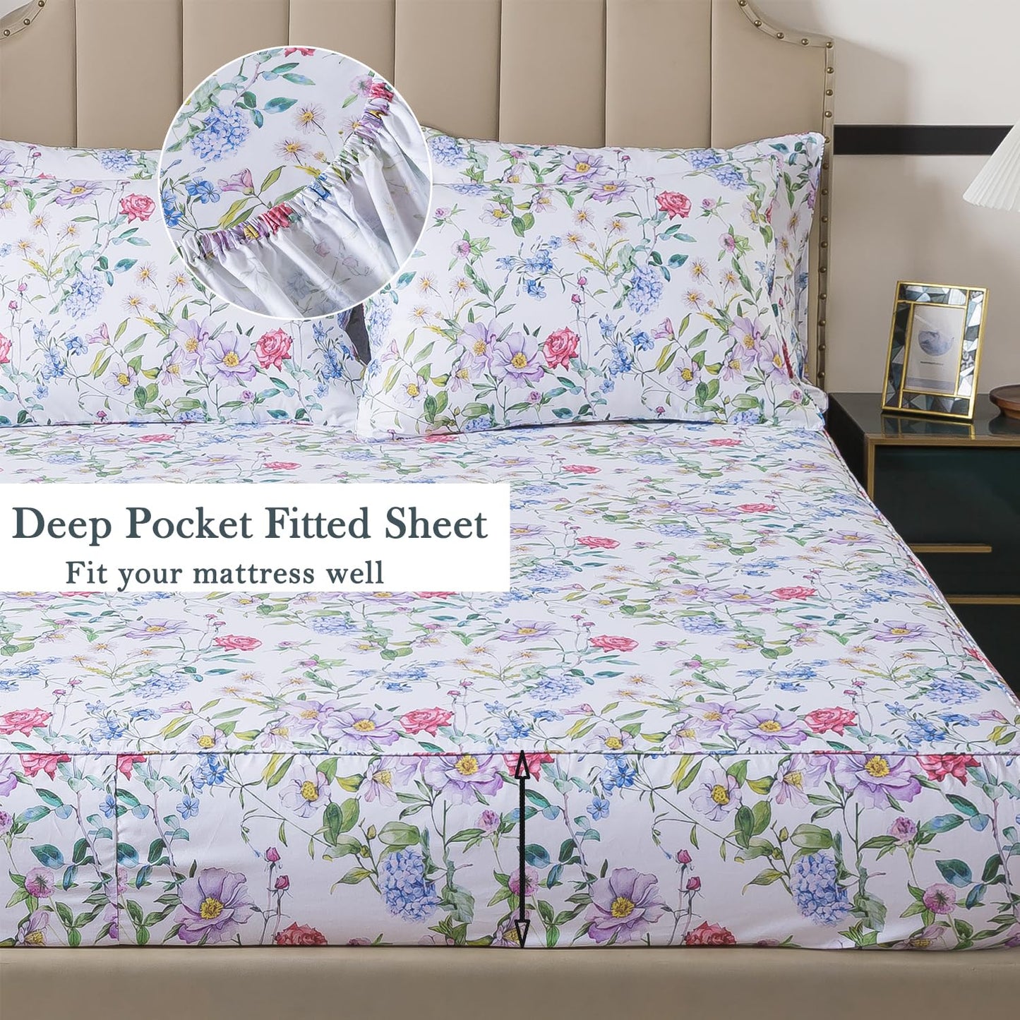 FADFAY Garden Floral Queen Sheet Set, 100% Cotton Botanical Print Bedding, Soft Breathable 4-Piece Bed Sheets with Deep Pocket, All Season