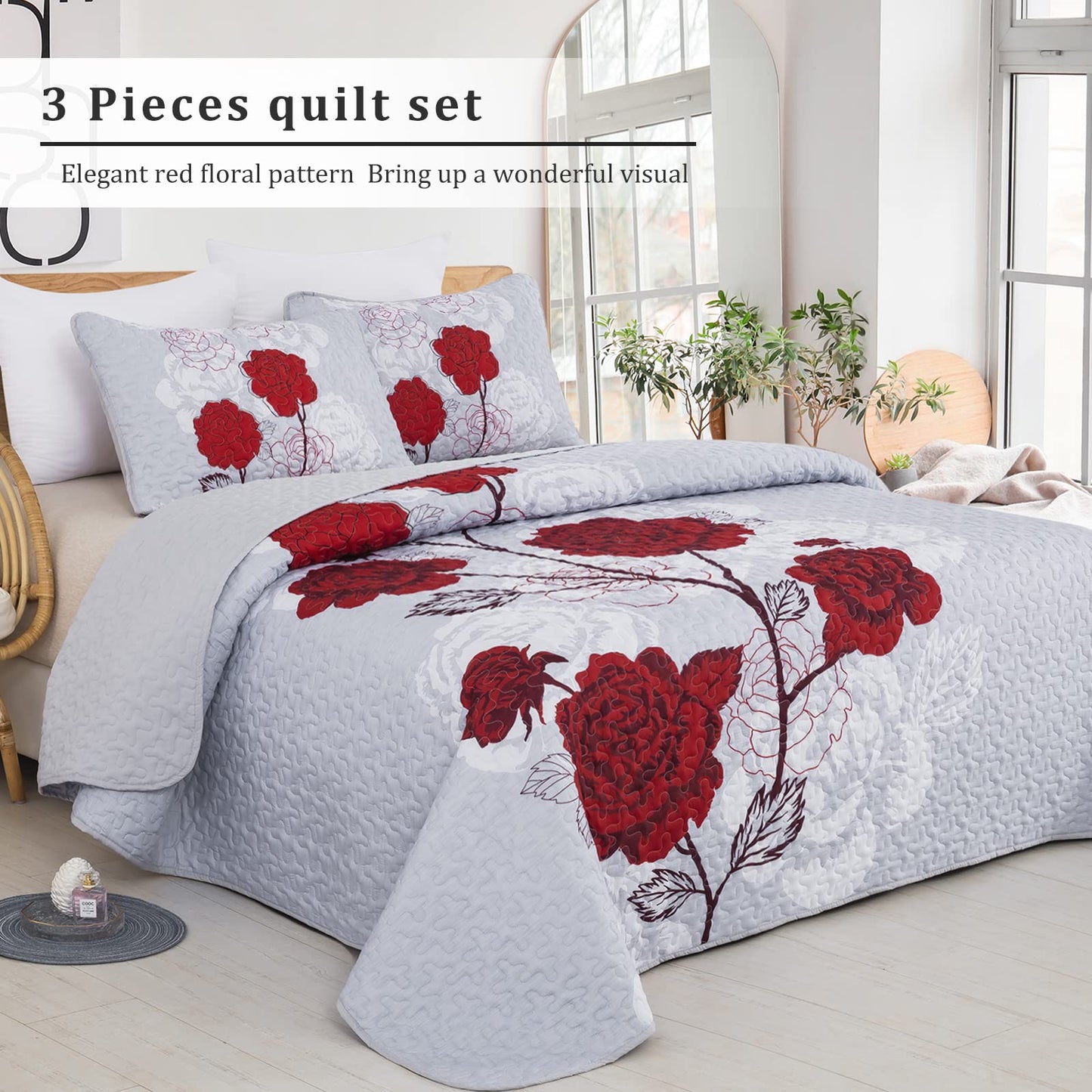 Anibedding Floral Quilt Set King Size,Elegant Red Floral Printed Bedspread Coverlet 3 Pieces Soft Microfiber Bedding Set with 2 Pillowcases for All Season(104"×90")