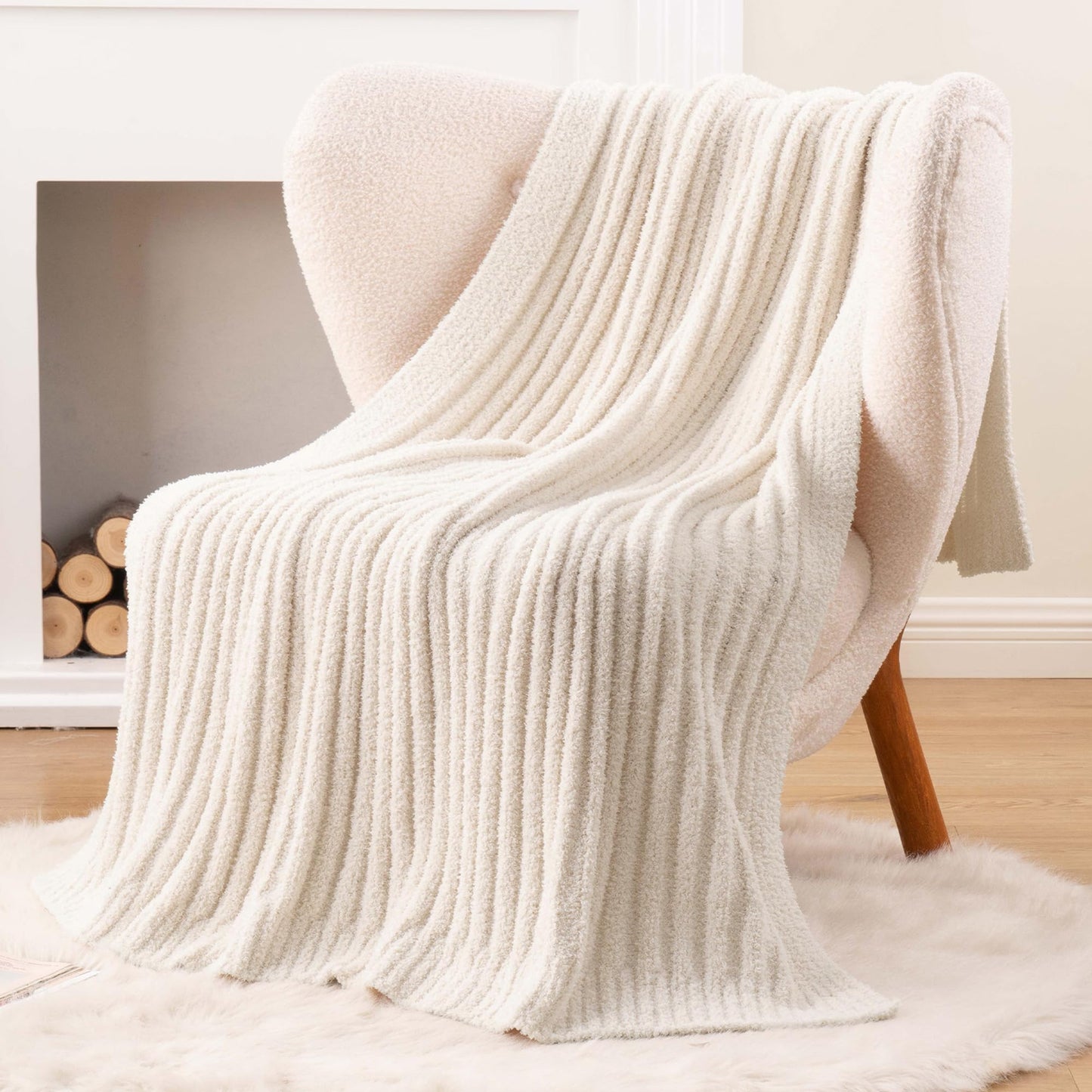 BATTILO White Throw Blanket for Couch, Knit Fuzzy Plush Cream Throw Blankets, Warm Cozy Lightweight Blanket for Bed, Sofa, Home Decor, 50"x60"