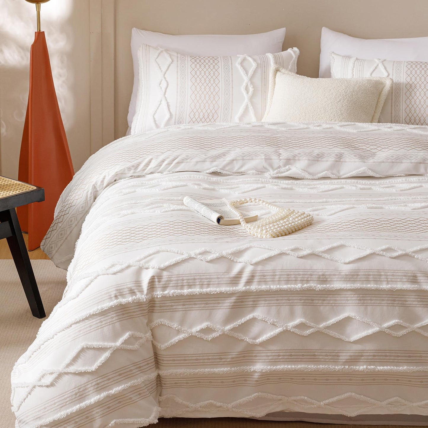 KAREVER Ivory Boho Comforter Set Full Mixed Textures Jacquard Bedding Set Durable Chic and Stylish Bedroom Set