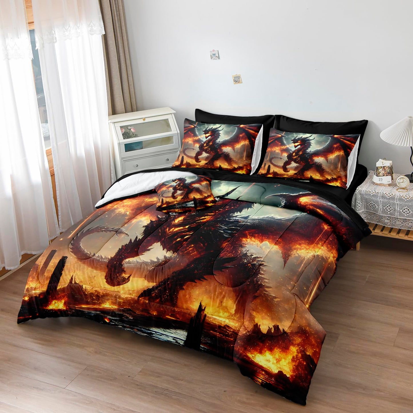Bedbay Fire Dragon Bed in a Bag King Size Comforter Set with Sheets Mythical Sci-fi 3D Fiery Dragon Print Boys Girls Teen Adults Room Decor Soft Fluffy Comforter Fantasy Bedding Set for All Seasons