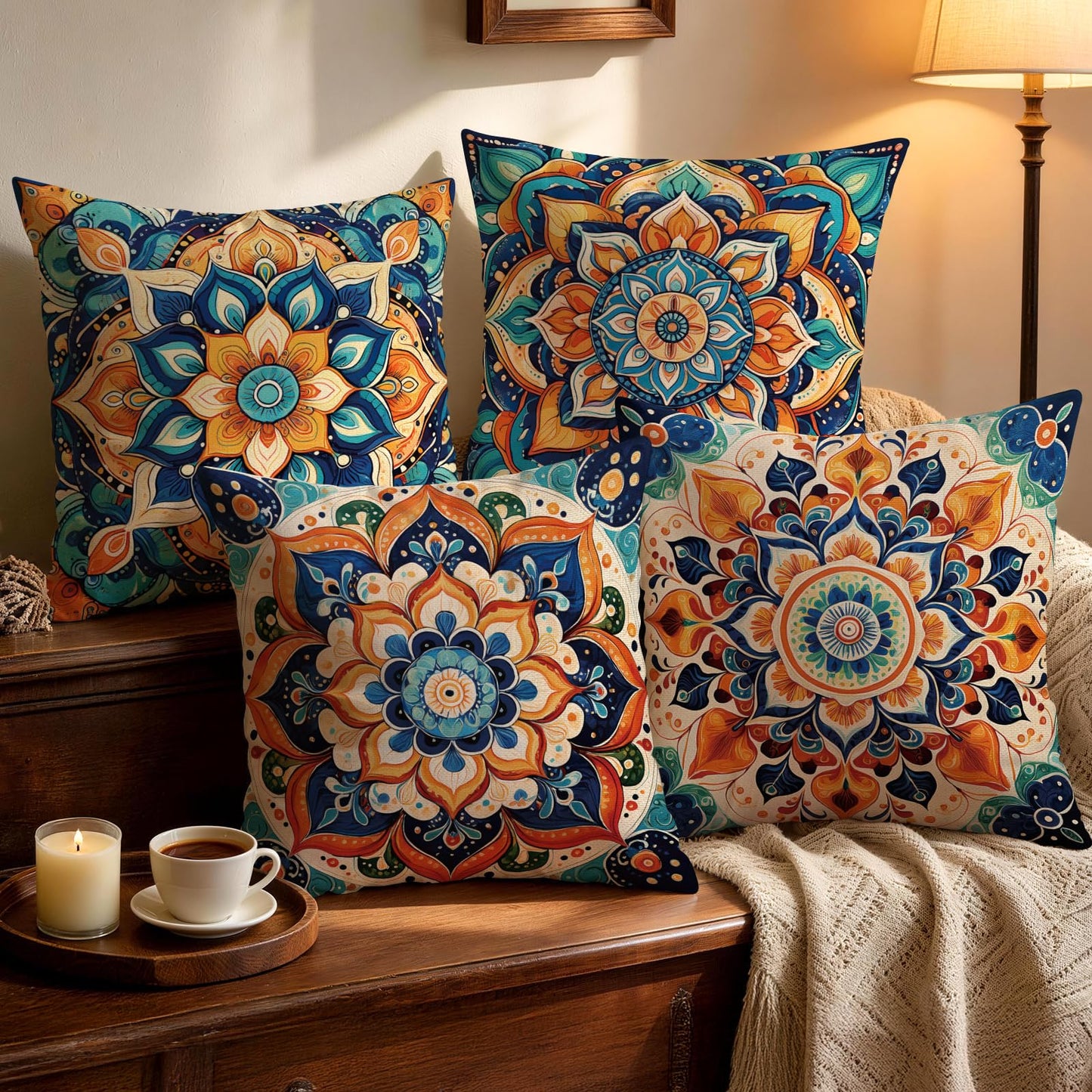 OBSEDE Boho Mandala Throw Pillow Covers Set of 4, 18x18 Inch Blue and Orange Bohemian Decorative Pillow Cases for Couch Sofa, Psychedelic Floral Spiritual Home Decor