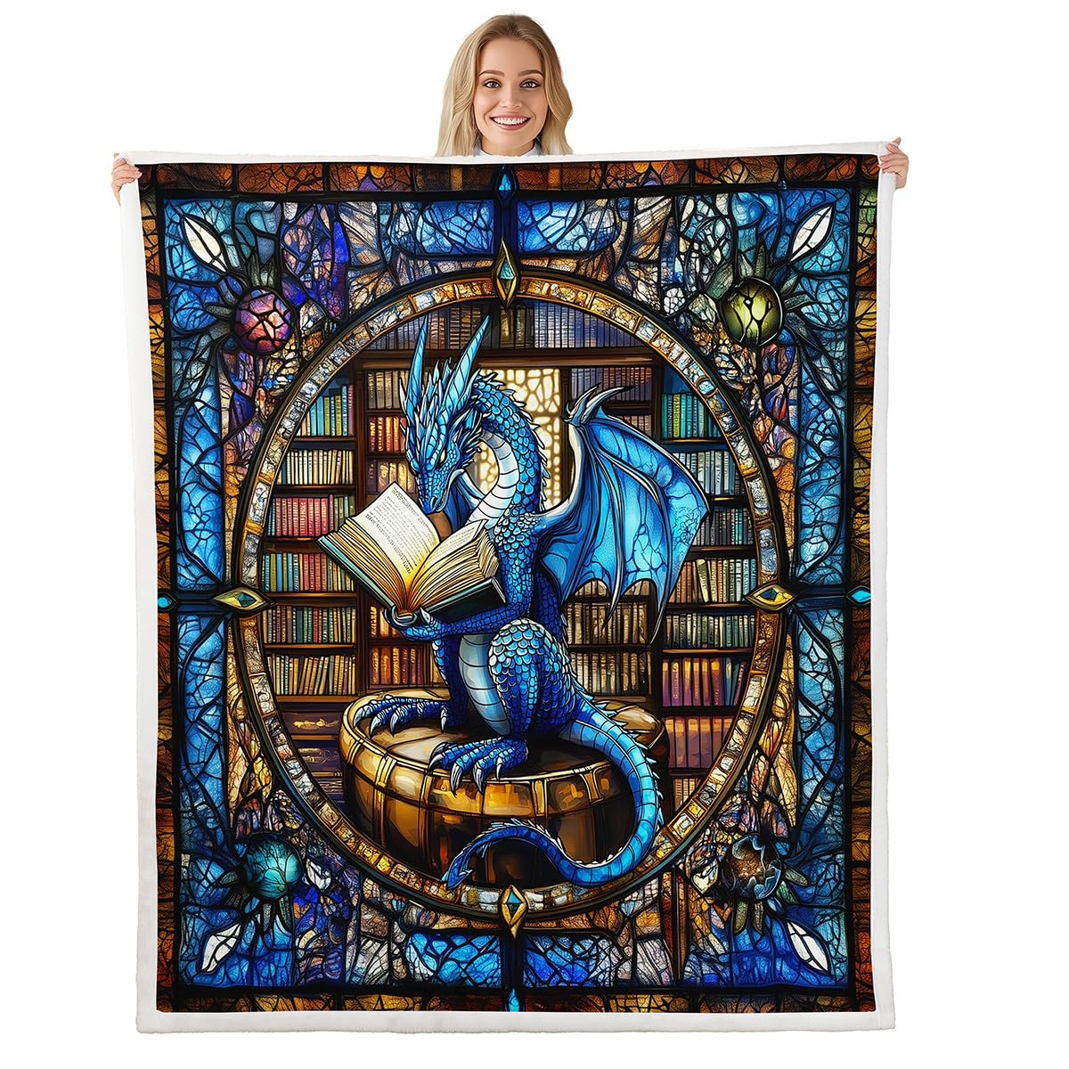 Western Dragon Kids Throw Blanket,Blue Dragon Reading Book Bookshelf Bed Blanket for Boys Girls,Geometric Patchwork Abstract Fleece Blanket,Trippy Chic Fuzzy Blanket,Throw Size (50 x 60 Inches)
