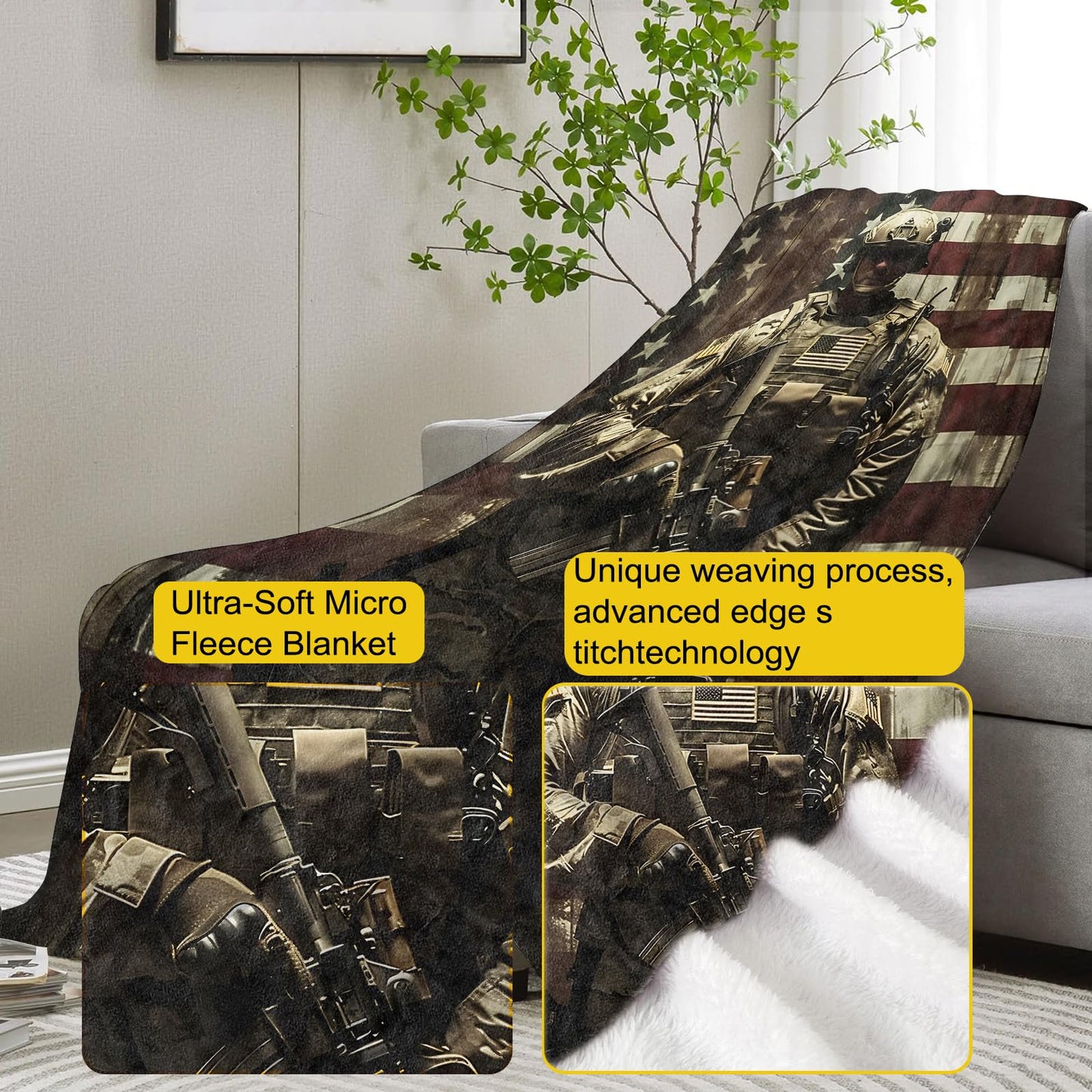 VANZEV Patriotic Soldier Flannel Blanket, Army Gifts, Military Blanket for Veteran Adults, Soft Lightweight American Flag Throw Blankets for Bed Home Decor 50" x 60"