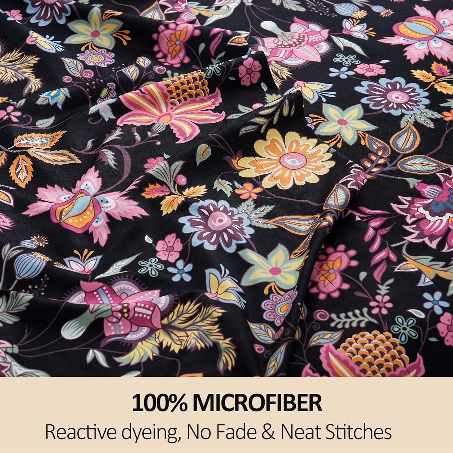 MEISHANG Queen Sheet Set - Ultra Soft Floral Sheets Brushed Microfiber,1800 Thread Count Floral Bed Sheets Oeko-Tex Certificated - Black Yellow