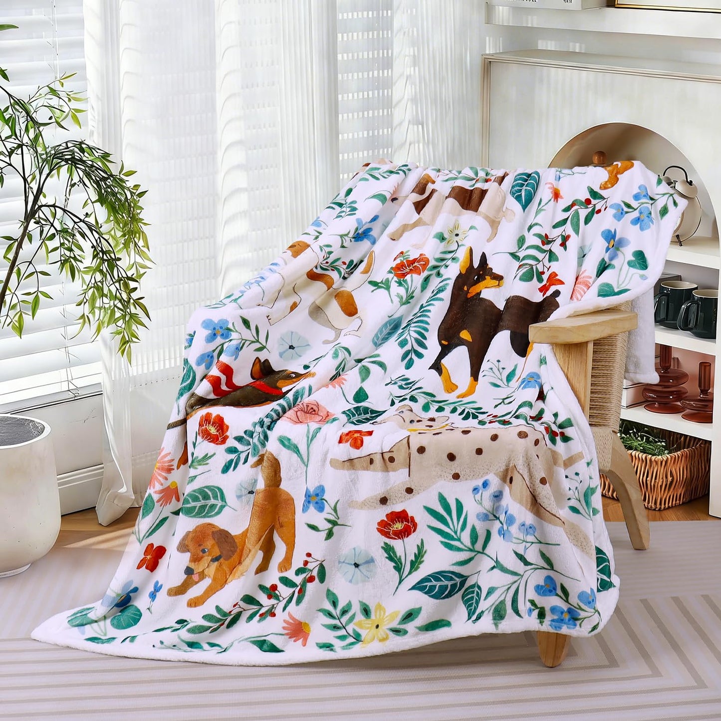 Dog Blanket Ultra Soft Floral Throw Blankets Gifts for Dog Lover Blanket Flower Leaves Flannel Fleece Throw Lightweight Warm Cozy Fuzzy Plus Cabin Blanket for Bed Sofa, 50" X 60"