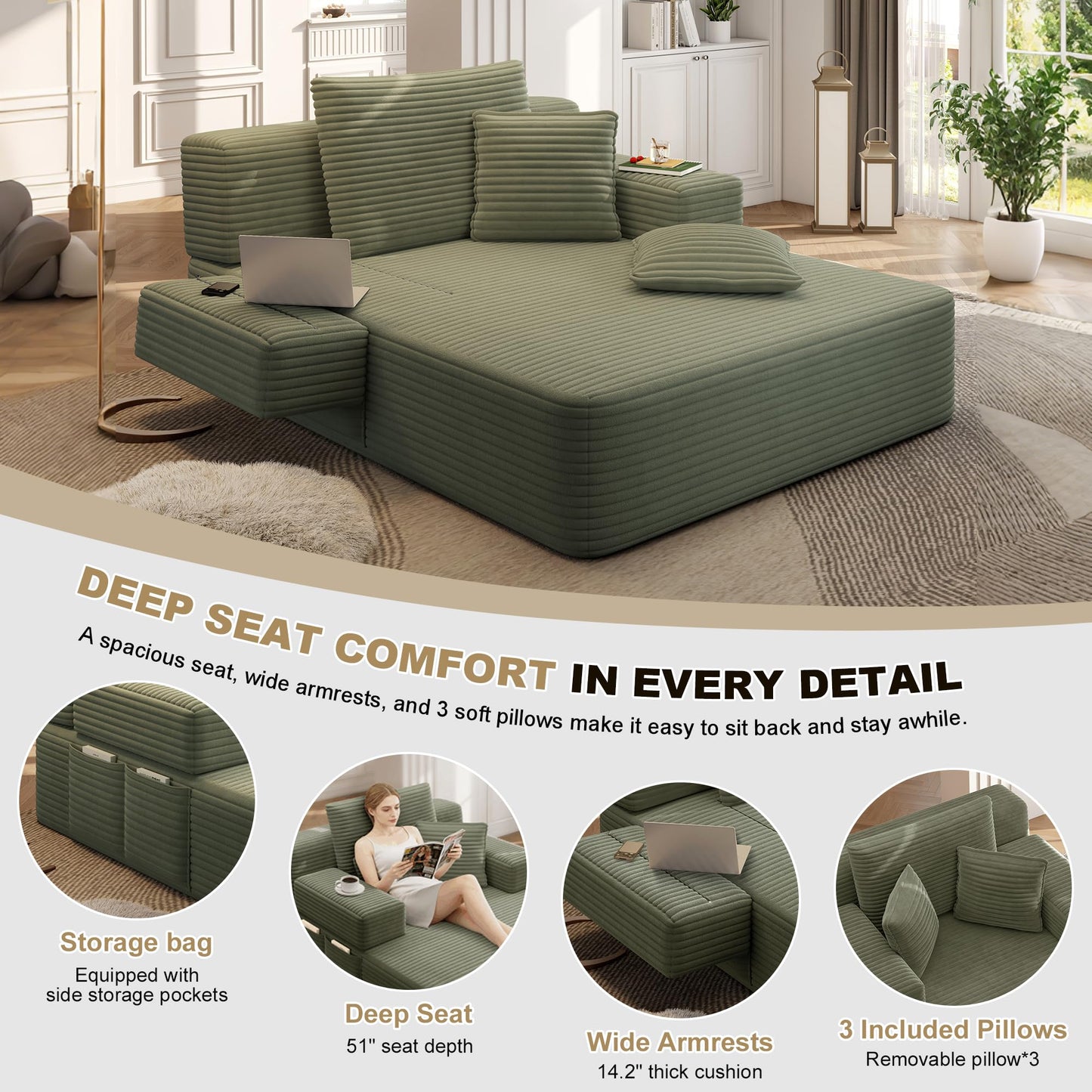 Haquiro 60.2" Oversized Chaise Lounge Chair, Boneless Corduroy Cloud Couch, Deep Seat Convertible Sofa Bed with 3 Pillows, Wide Armrests, Side Pocket, No Assembly (Green)