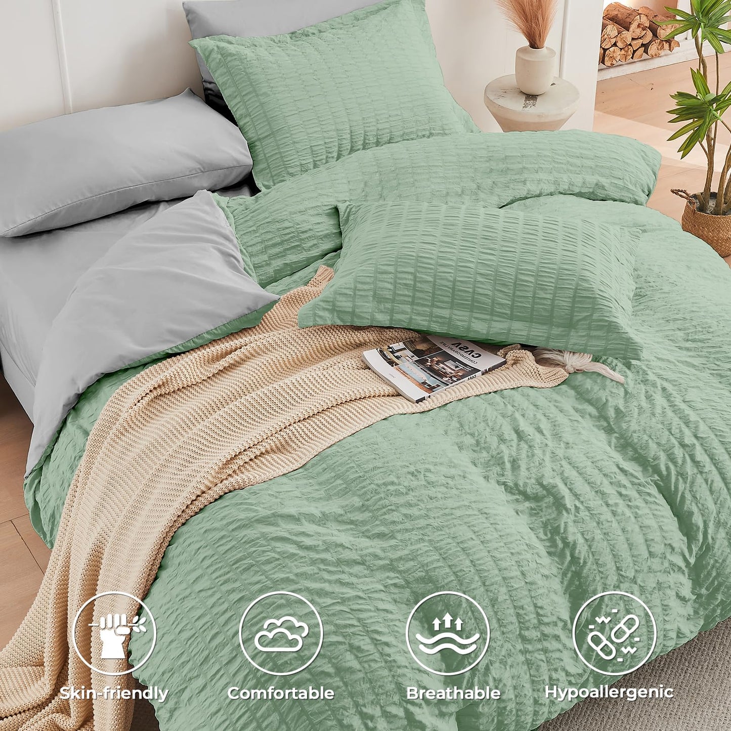 HYMOKEGE Sage Green/Light Grey Twin Comforter Set Seersucker 5 Pieces, All Season Luxury Bed in a Bag for Bedroom, Bedding Set with Comforter, Sheets, Pillowcase & Sham