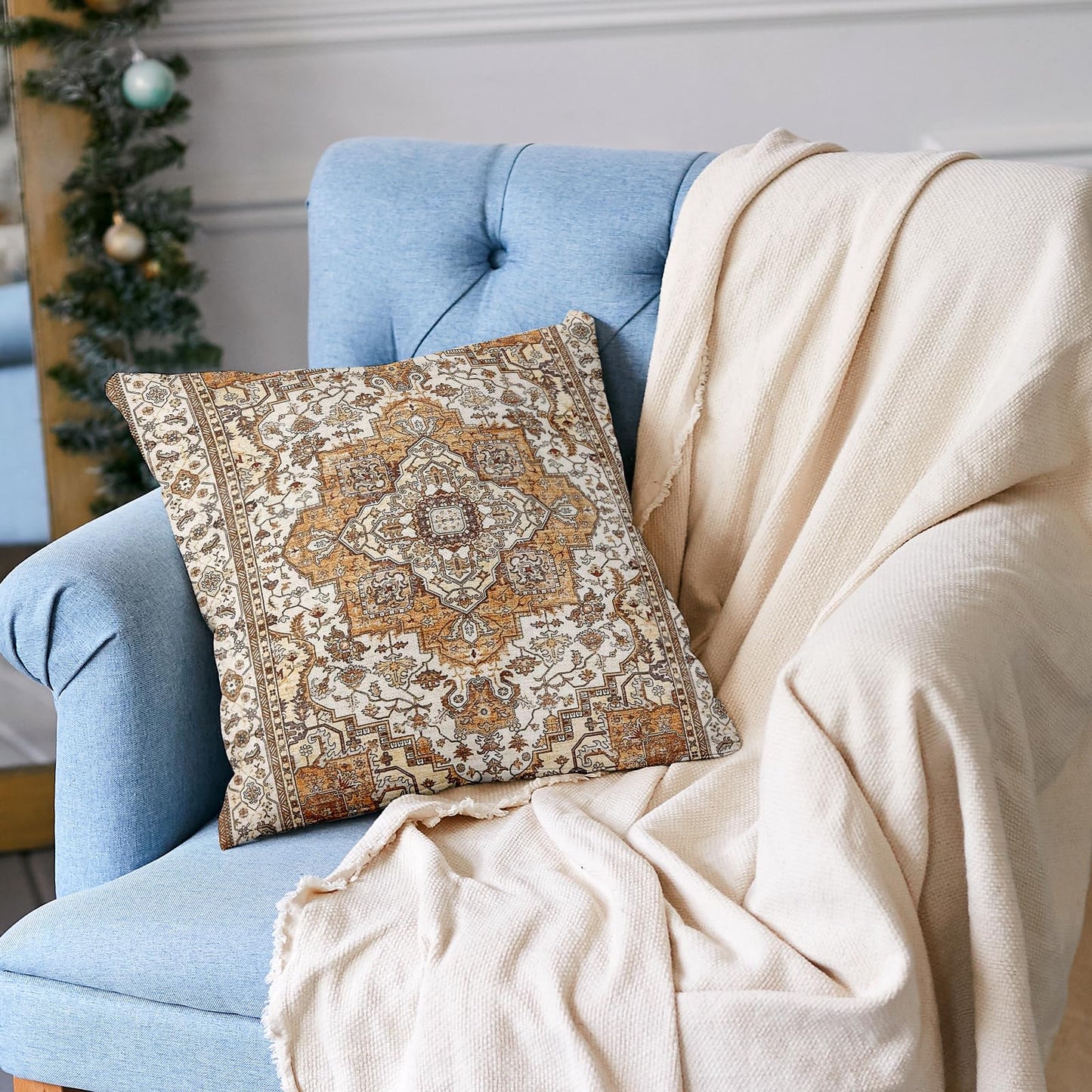 ZSYTZL Boho Throw Pillow Covers 18x18 inch Set of 2,Linen Bohemia Carpet Pattern Decorative Living Room Sofa Bed Square Pillow Case Cushion Cover-Orange Brown