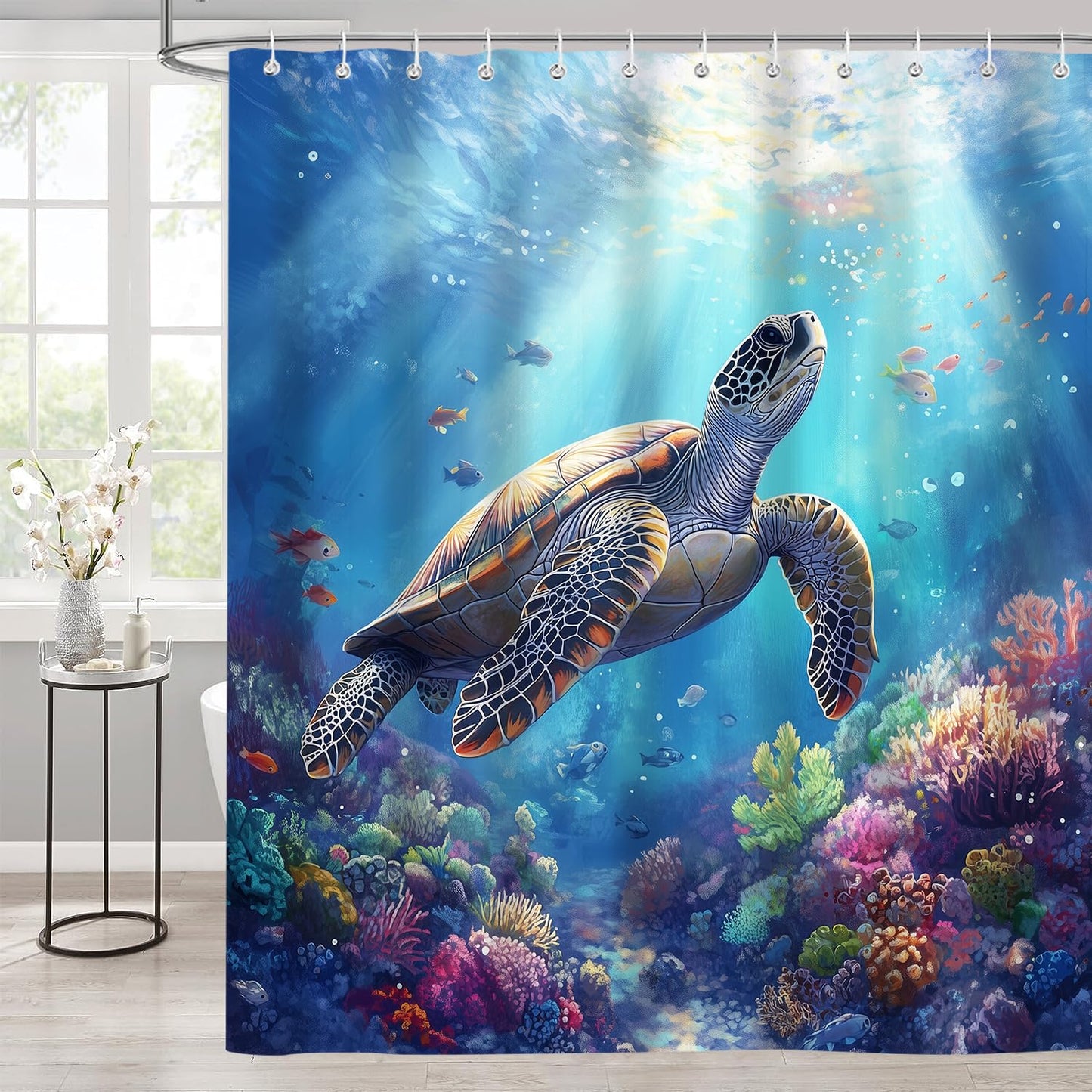 iTapnoom Sea Turtle Shower Curtain，Ocean Tropical Fish Coral Marine Life Teal Blue Shower Curtain Set for Bathroom Decor, Washable Waterproof Fabric with 12 Hooks Accessories, 72x72 inche