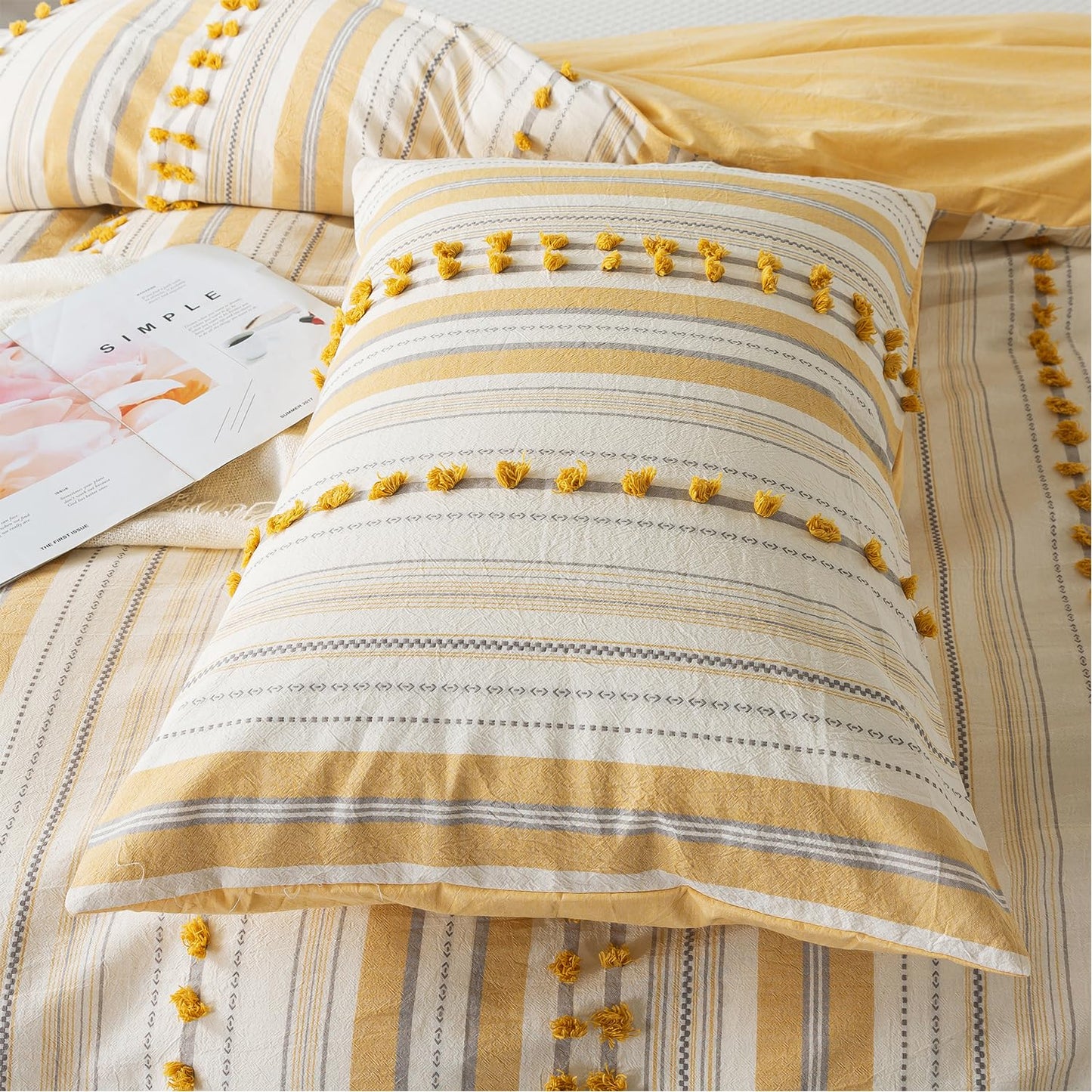 La Sheer Washed Cotton Queen Size Duvet Cover Set - Tufted Dots Boho Chic Bedding for All Seasons, Striped Pom Pom Bedding Linen Like Textured Breathable Durable Soft Comfy (Yellow, 90x90'')