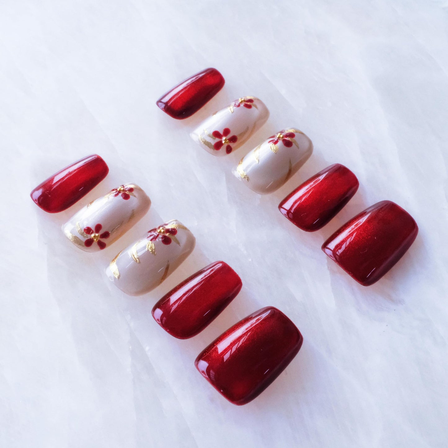 GLORS Press on Nails, Red Plum Embroidery Cat Eye False Nails with Gold Floral Design, medium ballerina Shape, 10 Pieces (Medium, MB)