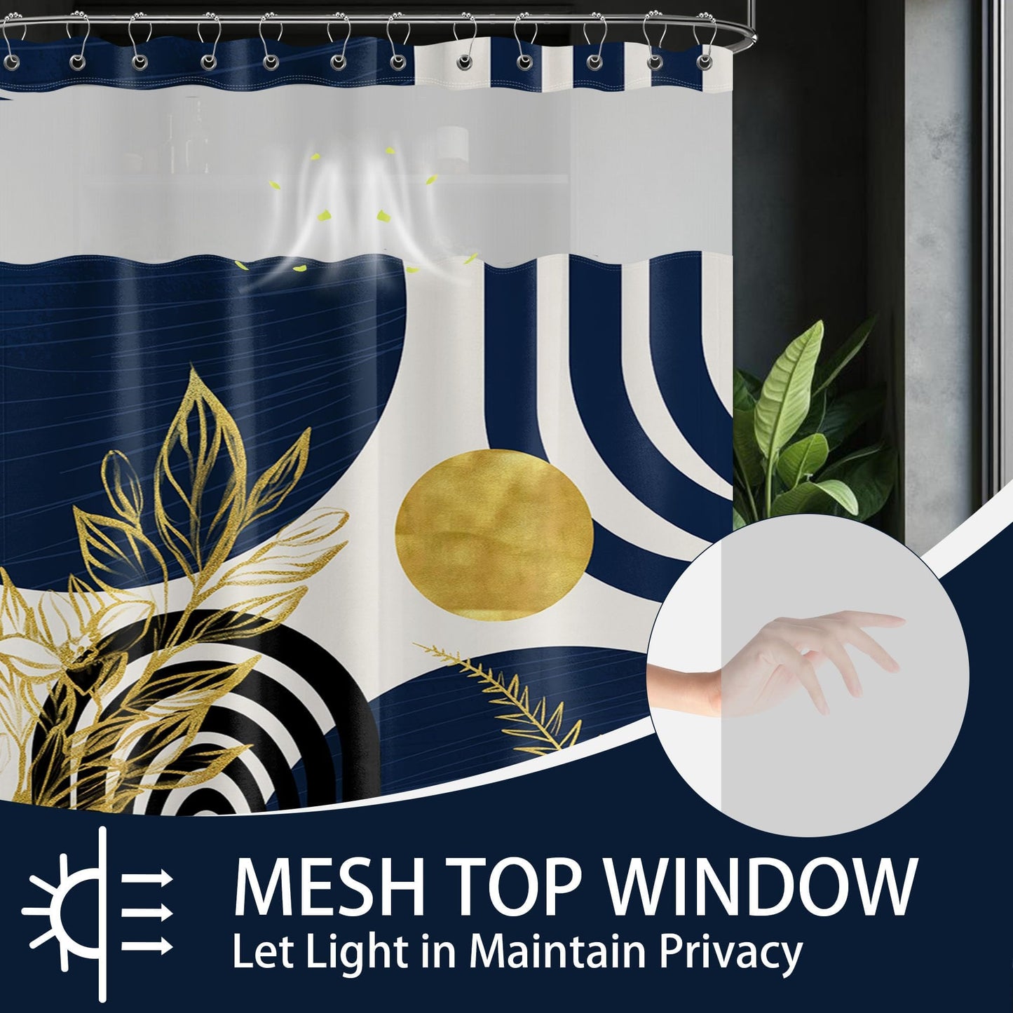 Bxpaitx Navy Blue See Through Mesh Top Shower Curtain with Window, Boho Dark Blue and Gold Double Layer Mens Shower Curtains with Snap in Liner with Magnets, Waterproof Cloth Fabric with Hooks 71x72in