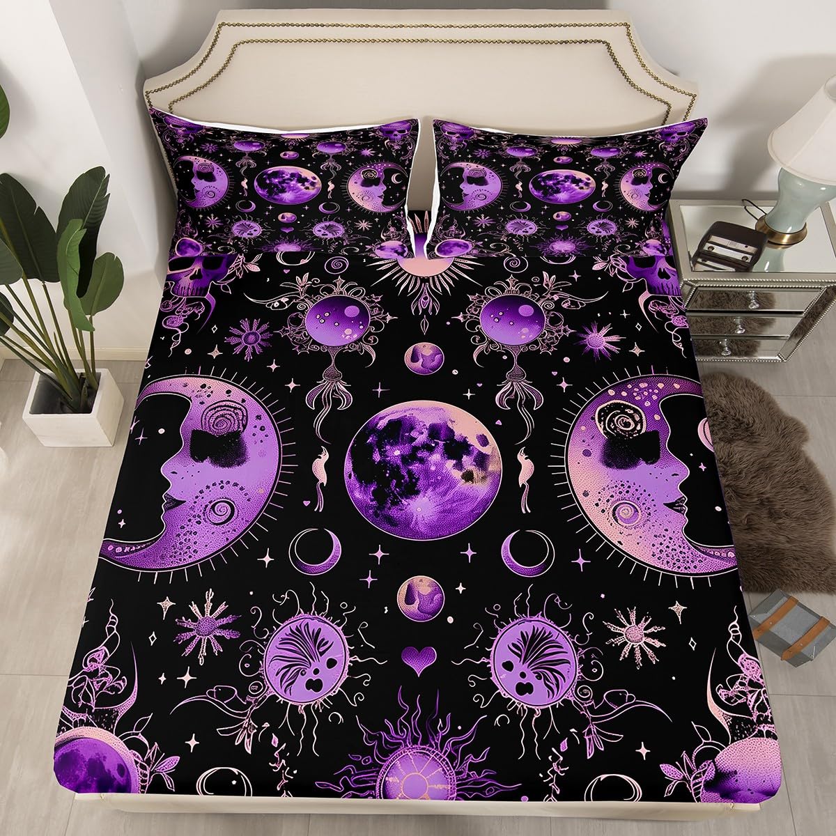 jejeloiu Kids Halloween Decor Bed Sheets Set Twin Size Purple Eclipse of The Sun Bed Set Sun and Moon Deep Pocket Fitted Sheet Astronomy Breathable Soft Lightweight Microfiber