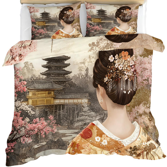 GKPLY Girls Comforter Set Twin, Vintage Painting Duvet Cover, Japanese Style Bedding Set, 2 Pillowcases, Zipper Closure, Reversible Print Bedding Set & Bedroom Decor