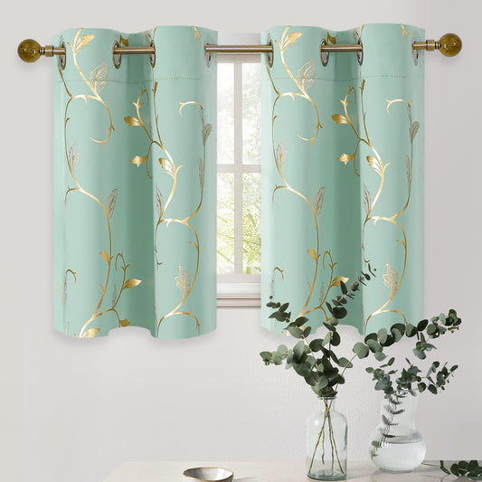 BUHUA Blackout Small Window Curtains for Kitchen and Bedroom Gold Foil Print Flower Grommet Short Thermal Insulated Room Darkening Curtains, Aqua, 26Wx36L, 2 Panels