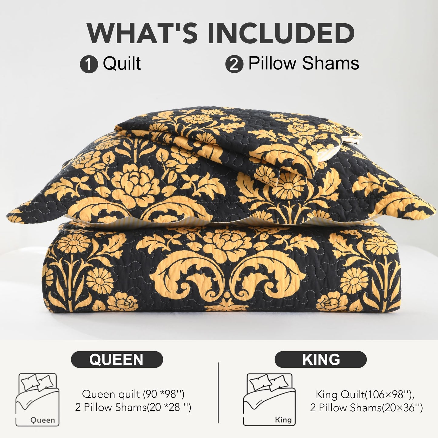 Cinefoso King Size Quilt - 100% Cotton Yellow Striped Bedding Set - Reversible Scallop Quilt Bedspreads- Quilted Modern Farmhouse Coverlets - Lightweight for All Season - Pre-Washed 3-Piece